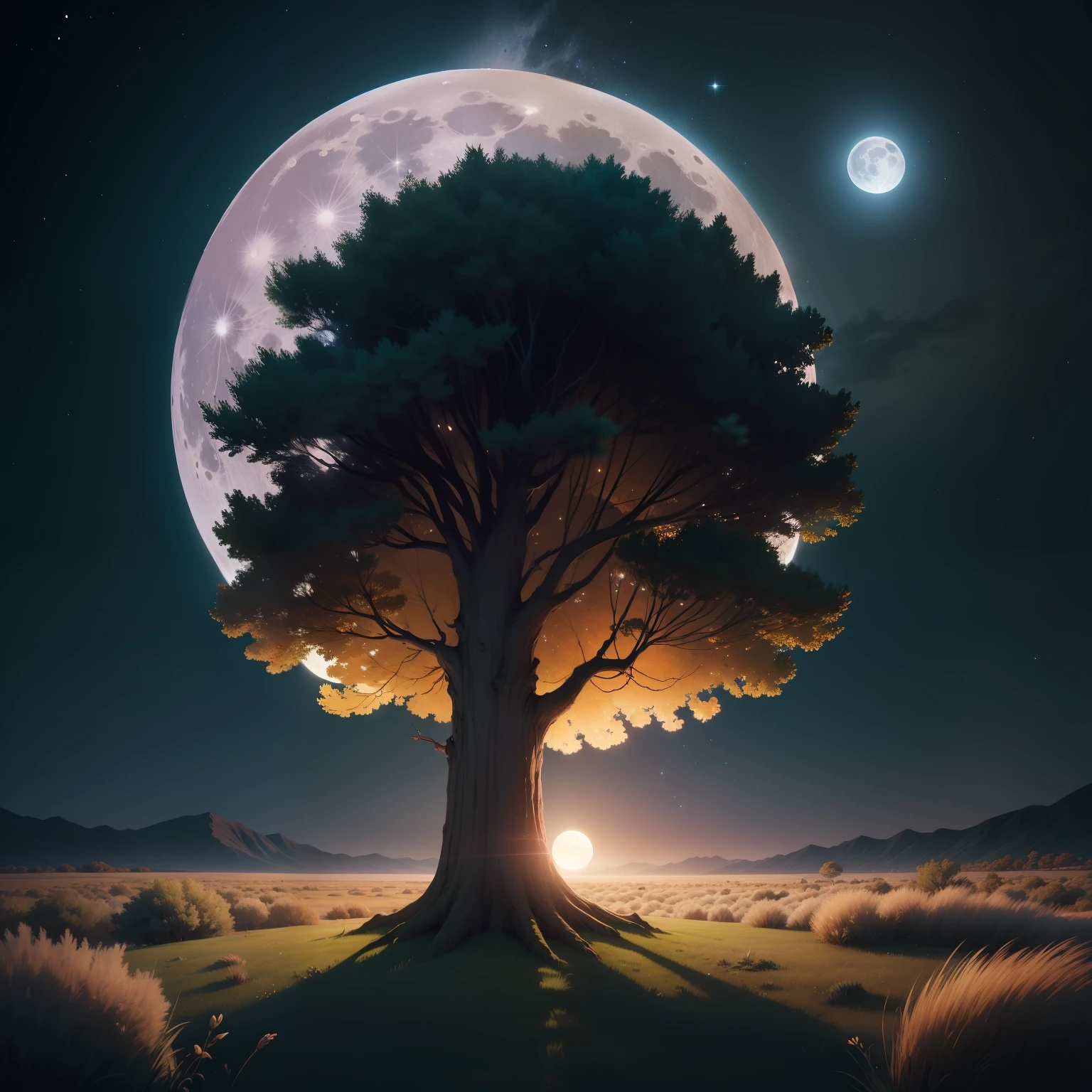 Full moon,galactic,grass field,age-old tree