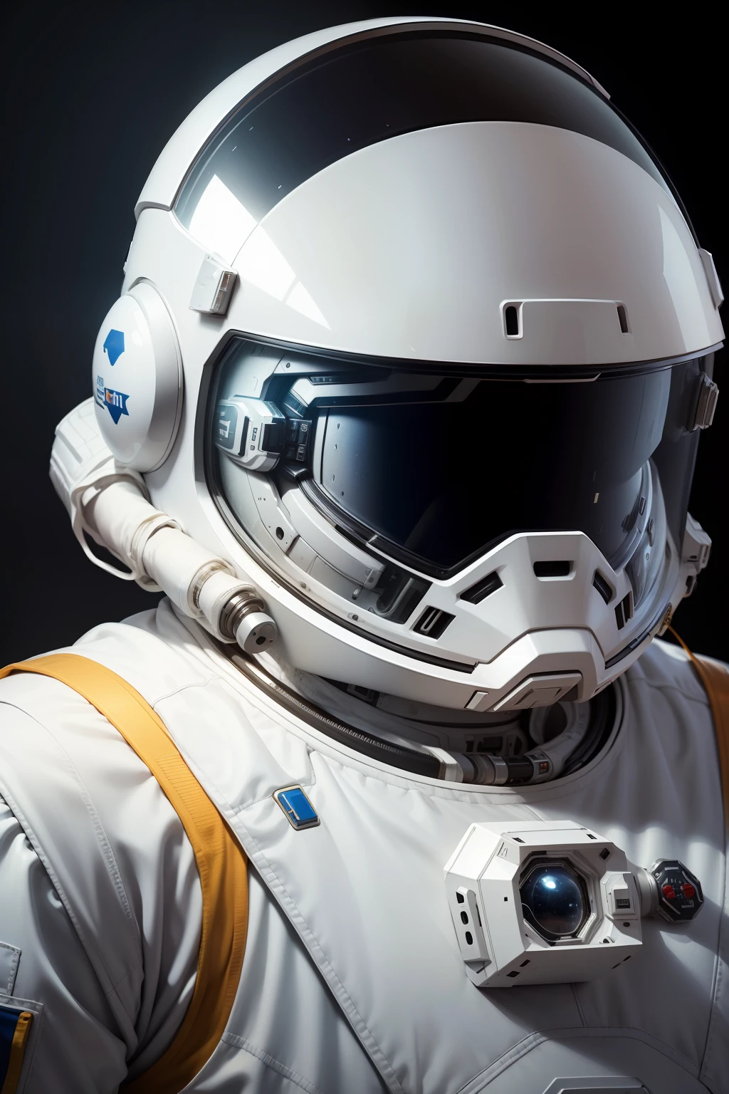 There was a white astronaut suit,Wearing a silver helmet spacesuit with a modern helmet, detailed space suit, detailed astronaut, portrait of an ai astronaut, futuristic spacesuit, futuristic astronaut, modern spacesuit, Spacesuit, Space pressurized suit, dusty space suit, portrait of astronaut, fully space suited,