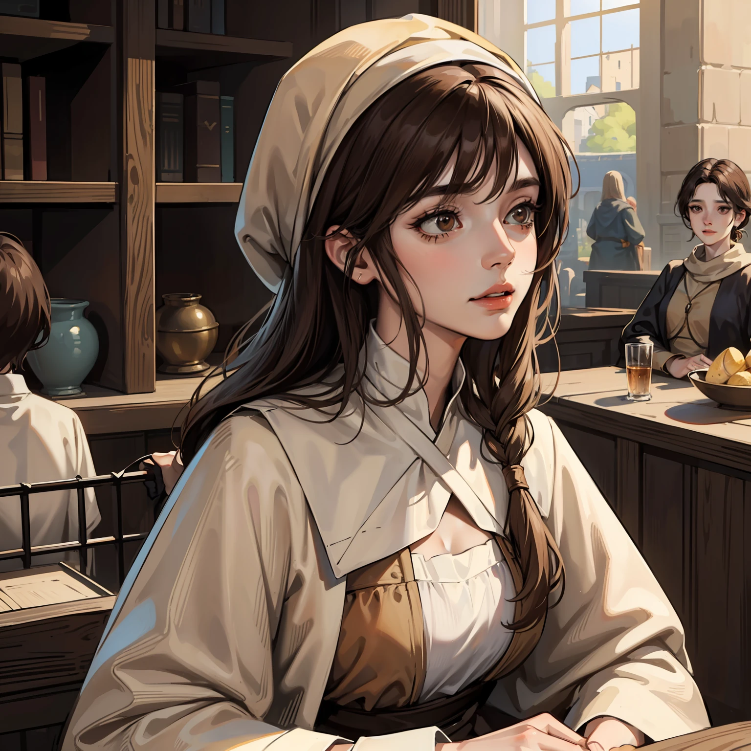 portrait of cecily, from below, mature female, perfect hazel eyes, bangs, wavy dark brown hair, thin, beige head scarf, brown clothes, peasant clothes, proportionate, medieval marketplace, sunlight, volumetric lighting, centered, anime realistic, best quality, masterpiece, solo, lower class, medieval times, (peasant)