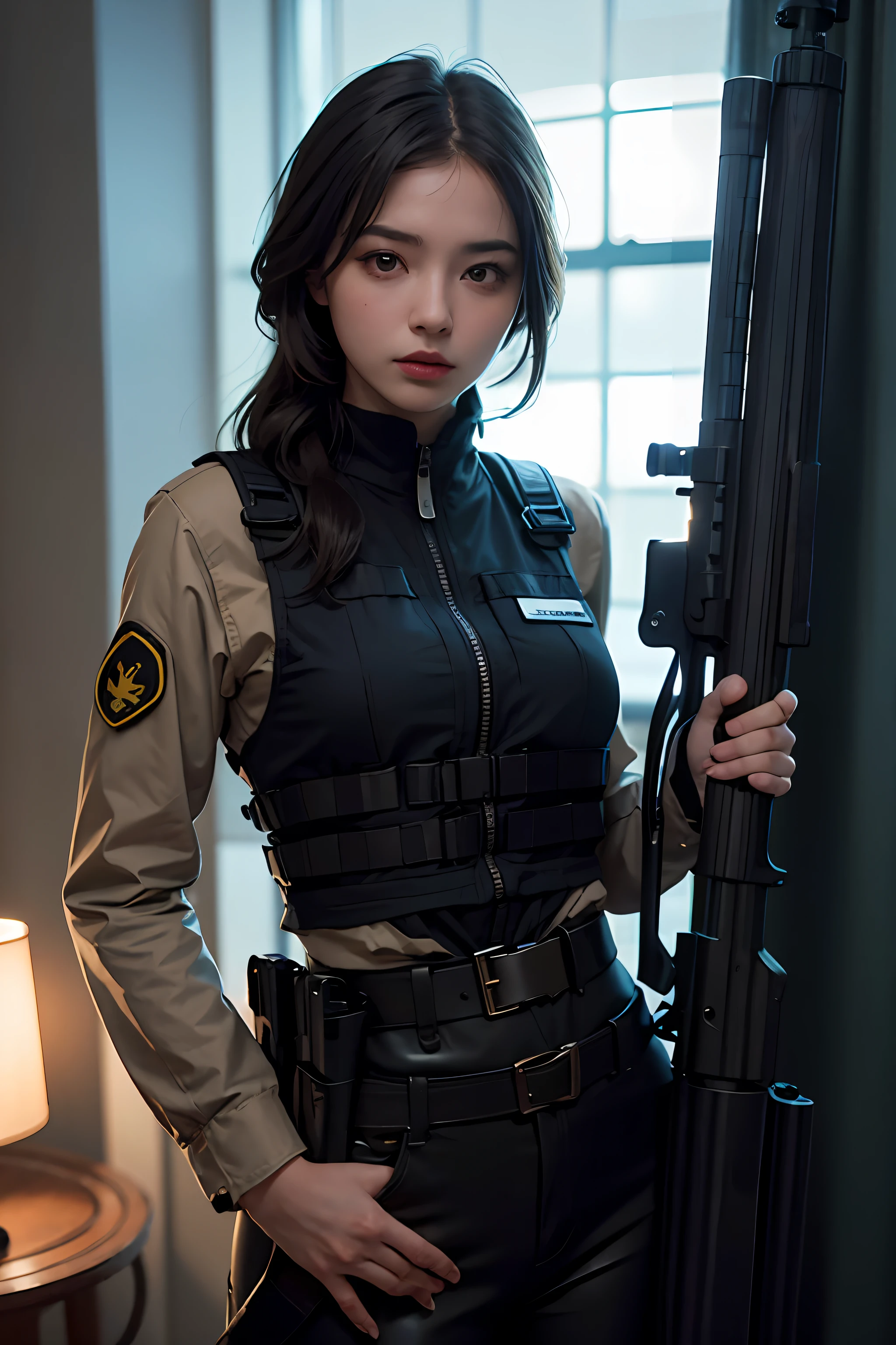 1girl, (photorealistic)++, beautiful lighting, masterpiece++, best quality++, realistic, full body portrait, real photo, intricate detail, depth of field, 1 girl, A soldier girl black hair sniper rifle handle, black military uniform, bulletproof vest, holding an assault rifle, m16, inside the city, very detailed, perfect face, black eyes, lips, wide hips, waist small, tall, makeup, Fujifilm XT3, epic professional photography by Ed Blinky, Atey Ghailan, Studio Ghibli, by Jeremy Mann, Greg Manchess, Antonio Moro, trending on ArtStation, trending on CGSociety, Intricate , High Detail , Sharp focus, impressive, realistic art by midjourney and greg rutkowski, RAW image, 8k uhd