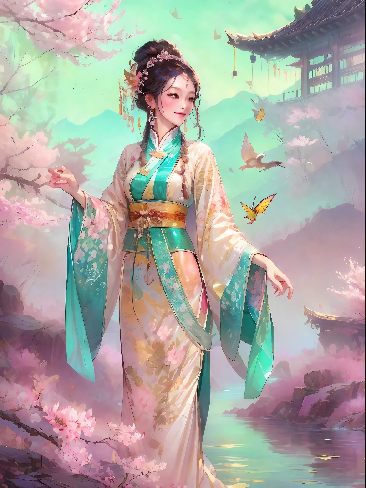 Highest image quality,tmasterpiece,Beautiful CG,crystal,Pink apricot blossoms anthropomorphize,Delicate and beautiful face,beautidful eyes,aquarelle、Splash ink、chinese paintings、brown crystal eyes、Long hair in period costume、long skirt、Period costumes、Delicate apricot hair accessories,Broken glass、Crystal mine、Golden apricot flower、Golden petals、high light,The petals wither and fall off,Rich in graphics、Absolutely beautiful,Attractive cleavage,Impeccable,Dreamy retouching、ultraclear,k hd、8K(Yangchun March,Beautiful woman flying kite,Song dynasty women's clothing,Pantone color aqua green crystal,Comb well,Lively and agile,Smiling like a flower,Light and flowy,Chen Di Qili Youchun Road,playing and flying kites,Grow apricot blossoms)Mountain village water pavilion,Vista standing painting,rays of sunshine
