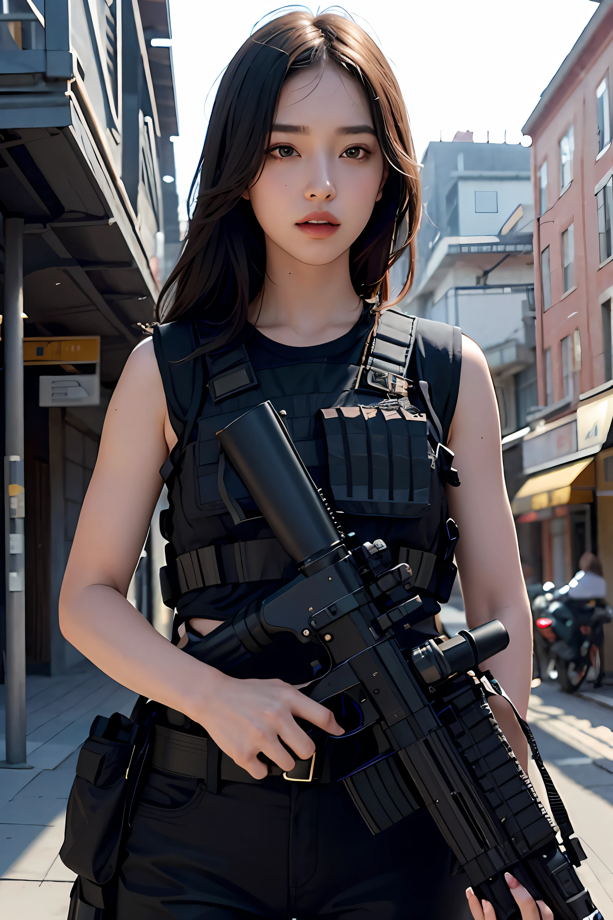 1girl, (photorealistic)++, beautiful lighting, masterpiece++, best quality++, realistic, full body portrait, real photo, intricate detail, depth of field, 1 girl, A soldier girl black hair sniper rifle handle, black military uniform, bulletproof vest, holding an assault rifle, m16, inside the city, very detailed, perfect face, black eyes, lips, wide hips, waist small, tall, makeup, Fujifilm XT3, epic professional photography by Ed Blinky, Atey Ghailan, Studio Ghibli, by Jeremy Mann, Greg Manchess, Antonio Moro, trending on ArtStation, trending on CGSociety, Intricate , High Detail , Sharp focus, impressive, realistic art by midjourney and greg rutkowski, RAW image, 8k uhd