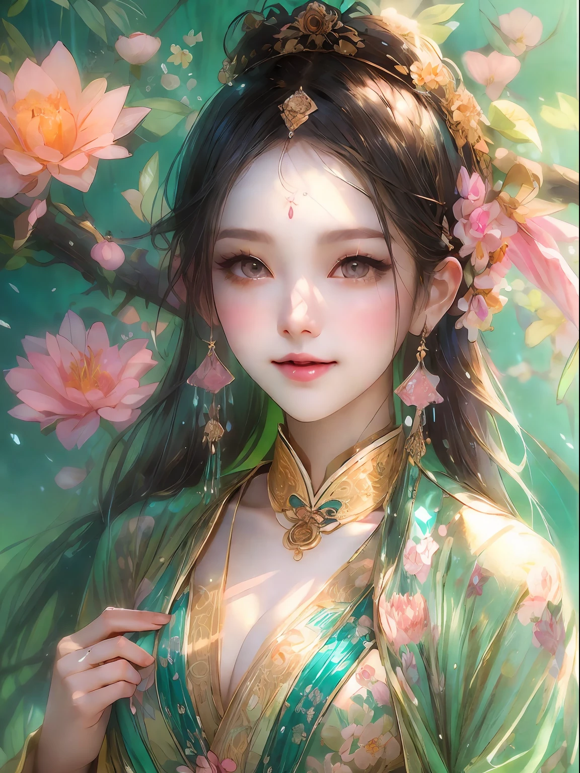 Highest image quality，tmasterpiece，Beautiful CG，crystal，Pink apricot blossoms anthropomorphize，Delicate and beautiful face，beautidful eyes，aquarelle、Splash ink、chinese paintings、brown crystal eyes、Long hair in period costume、long  skirt、Period costumes、Delicate apricot hair accessories，Broken glass、Crystal mine、Golden apricot flower、Golden petals、high light，The petals wither and fall off，Rich in graphics、Absolutely beautiful，Attractive cleavage，Impeccable，Dreamy retouching、ultraclear，k hd、8K（Yangchun March，Beautiful woman flying kite，Song dynasty women's clothing，Pantone color aqua green crystal，Comb well，Lively and agile，Smiling like a flower，Light and flowy，Chen Di Qili Youchun Road，playing and flying kites，Grow apricot blossoms）Mountain village water pavilion，Standing painting with a long view，rays of sunshine