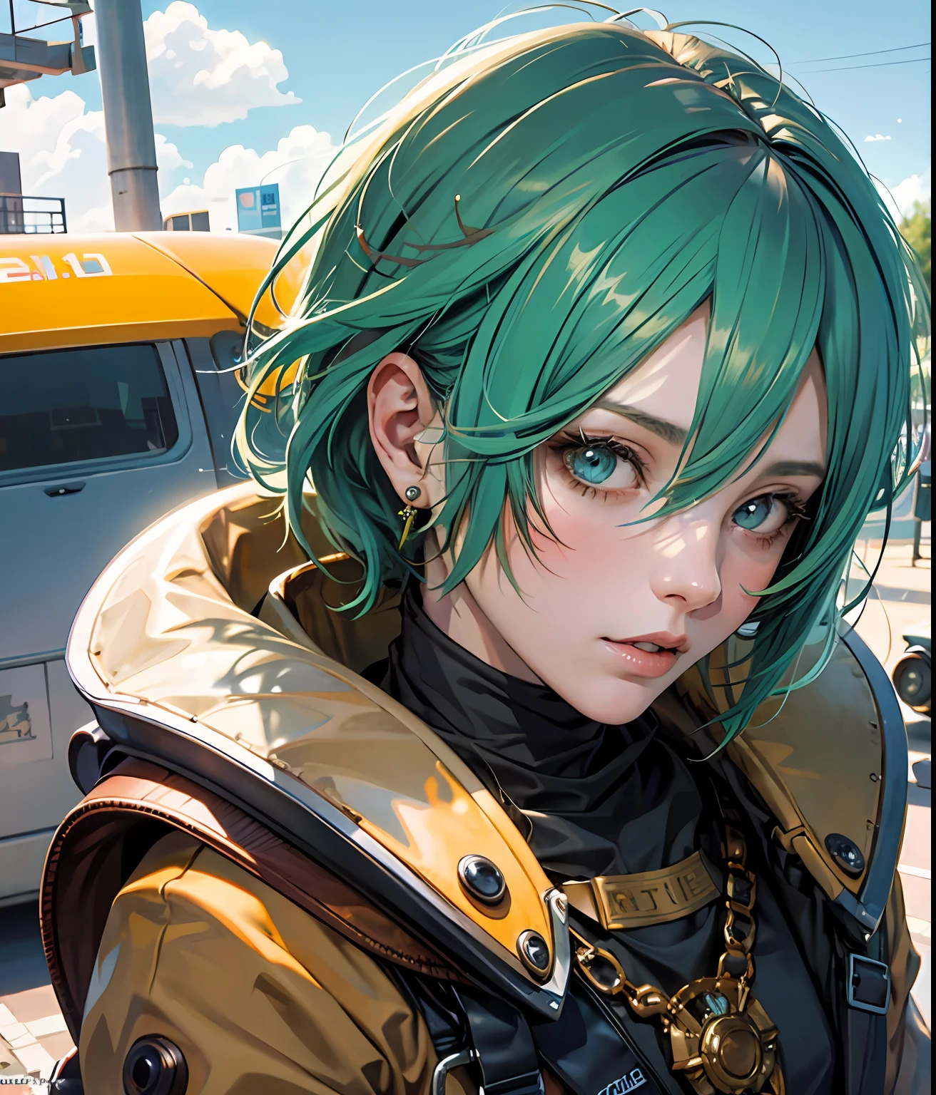 , an anime piece, homem, brincos, rosto, green_hair, joias, male_focus, ao ar livre, short_hair, simetric body, retrato, cinematic lighthing, alto contraste, artstation, arte conceito de personagem, 8K, fundo simples, cicatriz sobre um olho