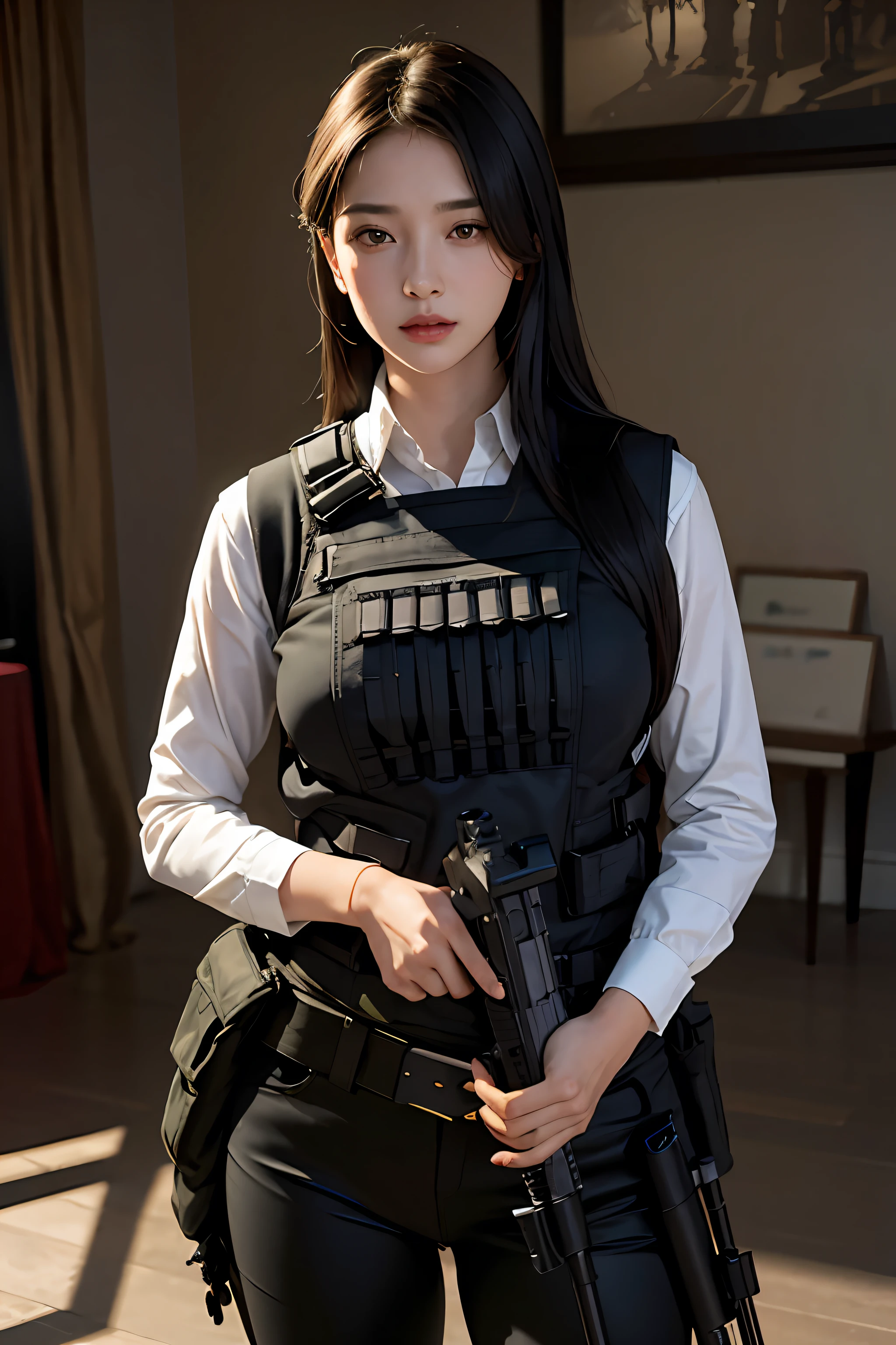 1girl, (photorealistic)++, beautiful lighting, masterpiece++, best quality++, realistic, full body portrait, real photo, intricate detail, depth of field, 1 girl, A soldier girl black hair sniper rifle handle, black military uniform, bulletproof vest, holding an assault rifle, m16, inside the city, very detailed, perfect face, black eyes, lips, wide hips, waist small, tall, makeup, Fujifilm XT3, epic professional photography by Ed Blinky, Atey Ghailan, Studio Ghibli, by Jeremy Mann, Greg Manchess, Antonio Moro, trending on ArtStation, trending on CGSociety, Intricate , High Detail , Sharp focus, impressive, realistic art by midjourney and greg rutkowski, RAW image, 8k uhd