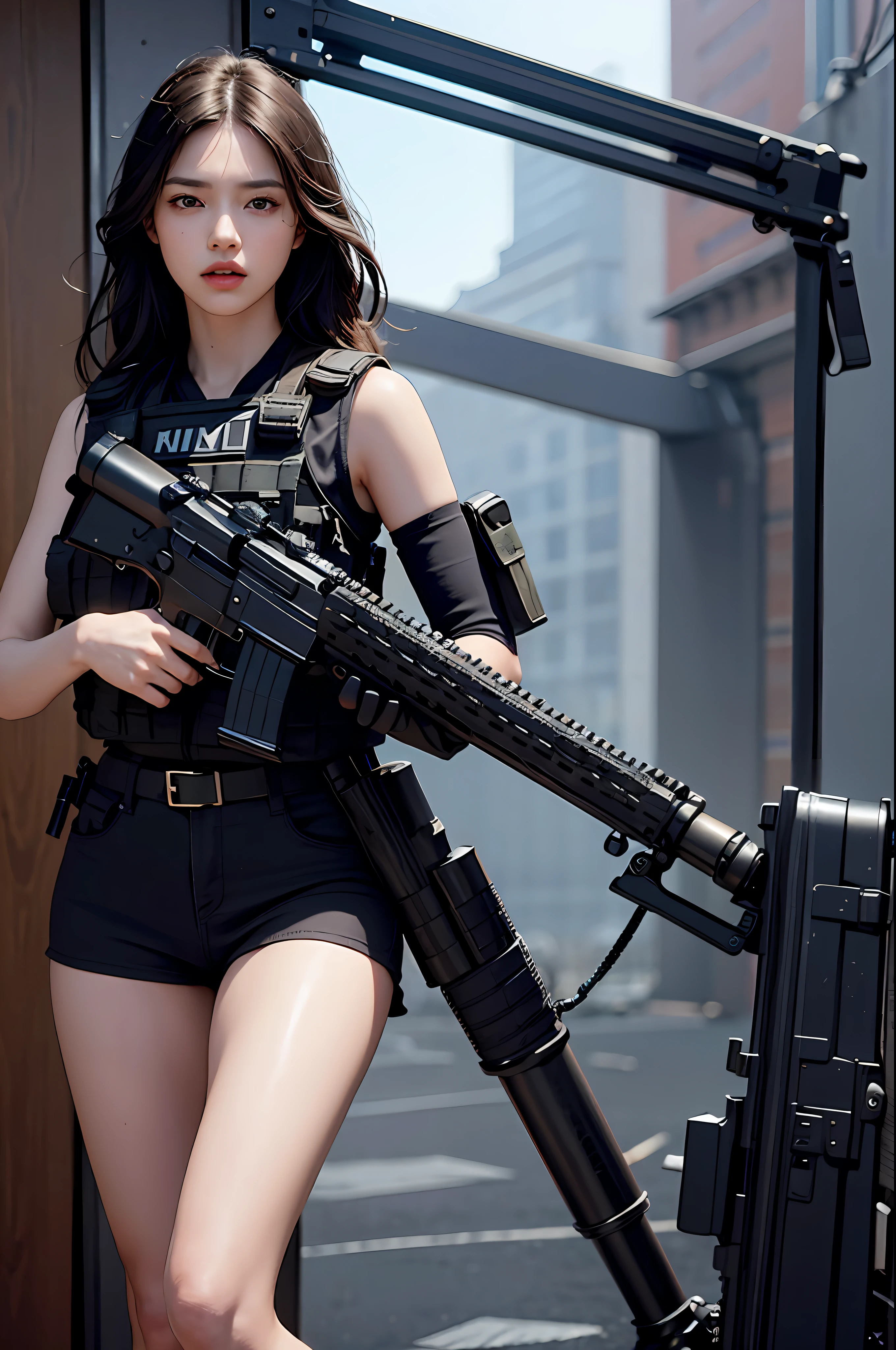 1girl, (photorealistic)++, beautiful lighting, masterpiece++, best quality++, realistic, full body portrait, real photo, intricate detail, depth of field, 1 girl, A soldier girl black hair sniper rifle handle, black military uniform, bulletproof vest, holding an assault rifle, m16, inside the city, very detailed, perfect face, black eyes, lips, wide hips, waist small, tall, makeup, Fujifilm XT3, epic professional photography by Ed Blinky, Atey Ghailan, Studio Ghibli, by Jeremy Mann, Greg Manchess, Antonio Moro, trending on ArtStation, trending on CGSociety, Intricate , High Detail , Sharp focus, impressive, realistic art by midjourney and greg rutkowski, RAW image, 8k uhd