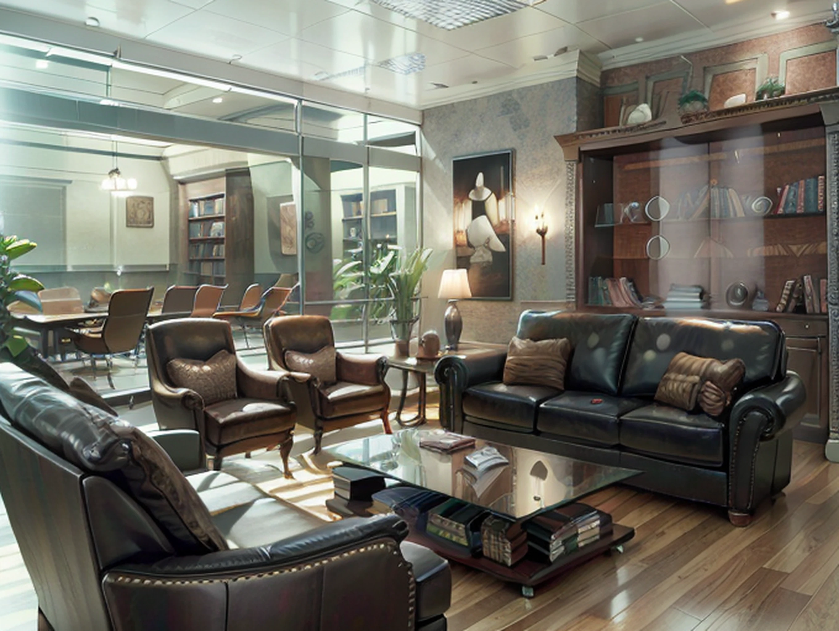 The law firm features contemporary design furniture, including armchairs upholstered in black and gray leather, tempered glass coffee tables with chrome bases, a solid wood meeting table with black leather chairs, and a built-in bookcase with brown leather bound legal books.