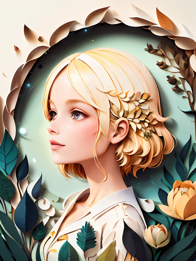 best qualtiy,illustratio,ln the forest,Blonde women,Eau,ventania,the space,Warm color paper_cut,
