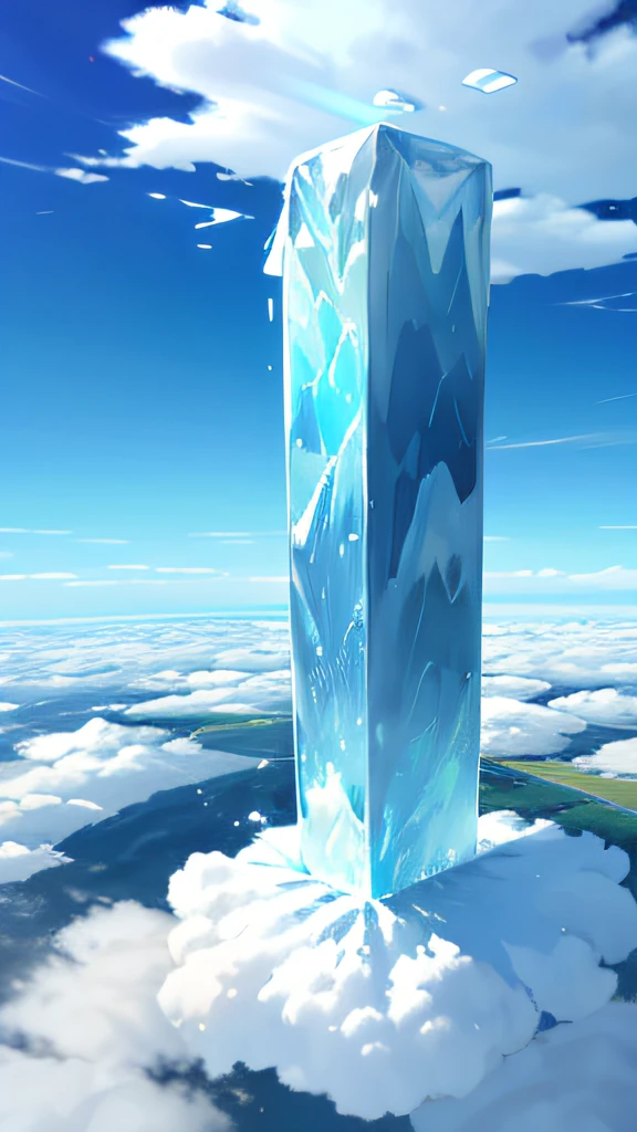 a large rectangular block of ice, descending vertically from heaven to earth in a grassy field, coming out of the clouds and touching the grassy field.