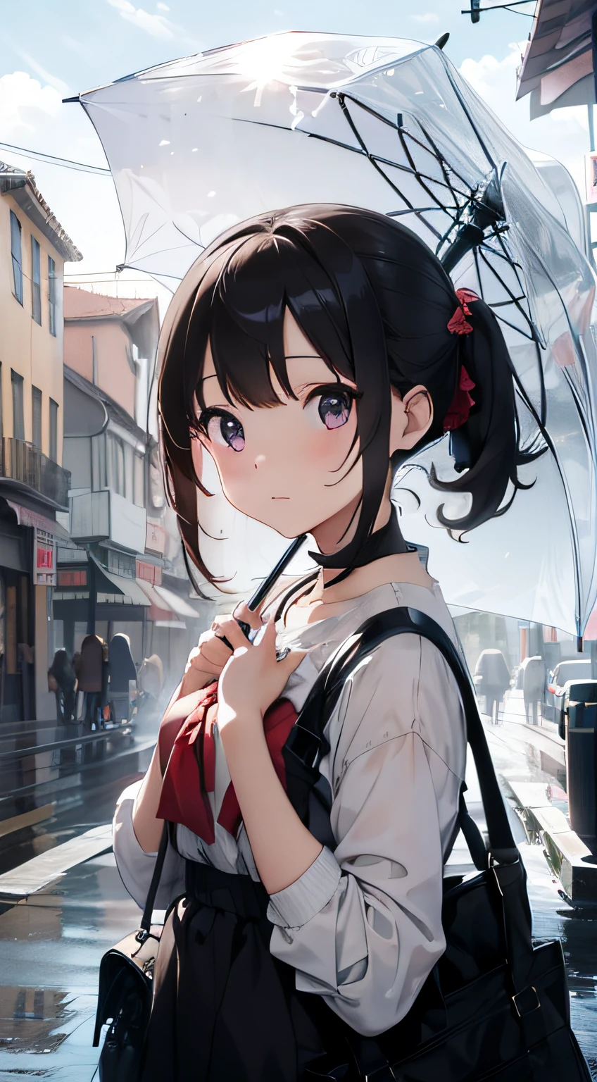 one girls、Holding a transparent umbrella。colourfull。Sateen。cloudy ash sky。chee