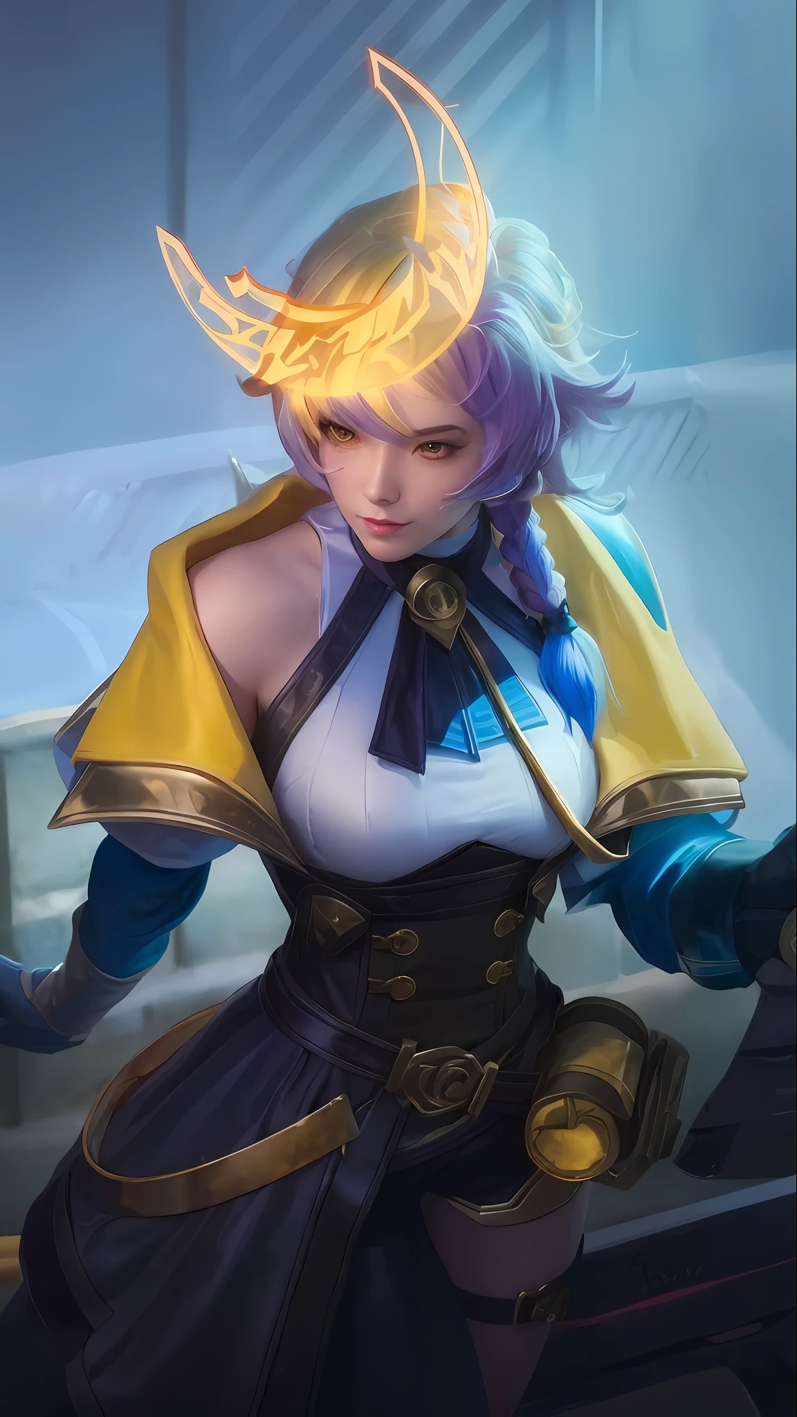 a woman with a blue hair and a yellow cape is holding a sword detailed, extremely detailed artgerm, portrait knights of zodiac girl detailed, style artgerm, ig model | artgerm, artgerm lau, ashe, artgerm style, kda, orianna, cushart krenz key art feminine, stanley artgerm lau detailed,