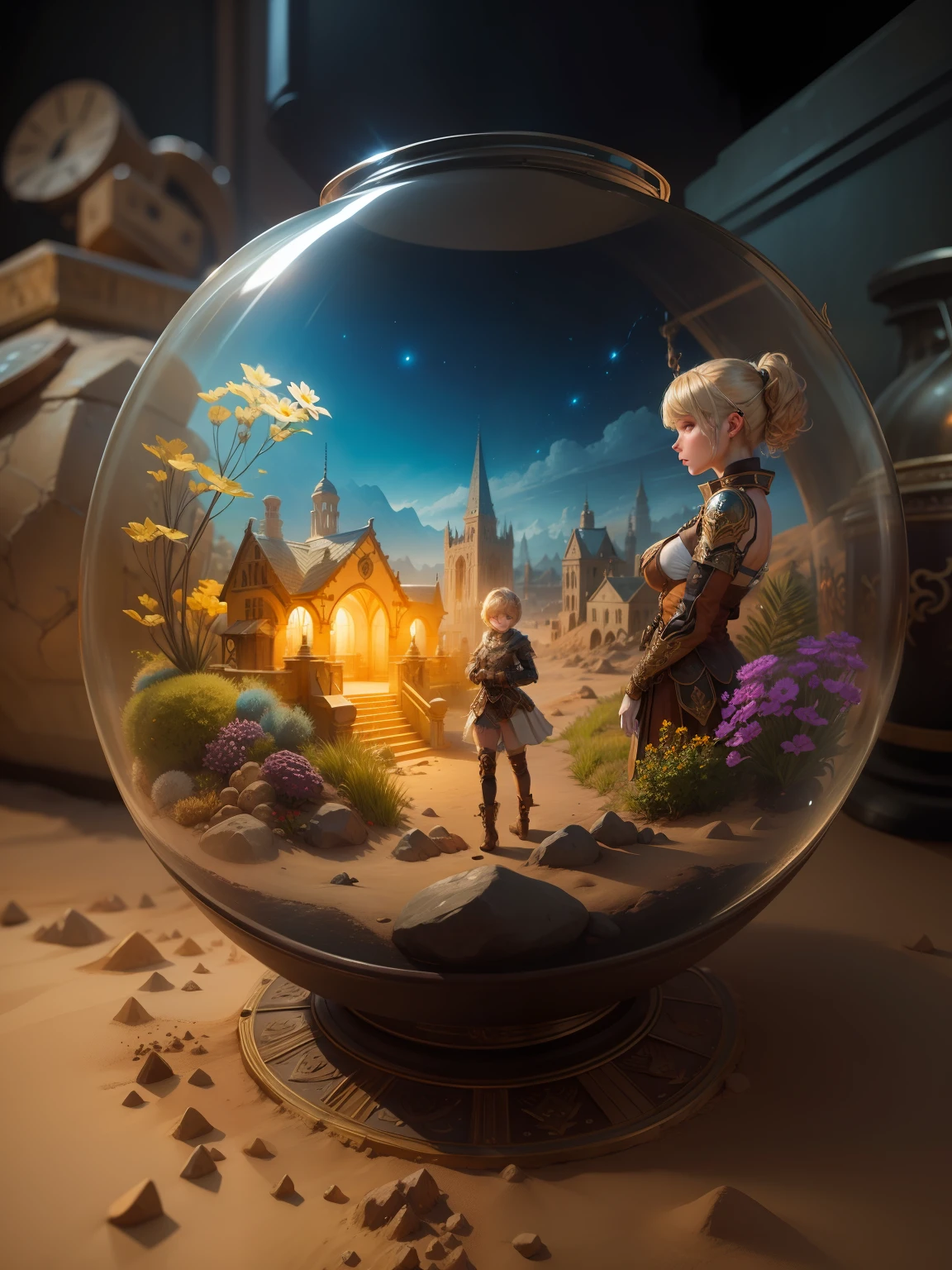 sand terrarium art mixed with ultra hd detailed painting, ,digital art, beautiful, fantasy, digital art, wlop,Steampunk style ,epic,masterpiece,,,,32k ,,, complete, symmetry, painted, intricate, volumetric lighting, beautiful, rich deep colors masterpiece, sharp focus, ultra detailed, astrophotography, photo of young girl, modelshoot style, dirty blonde hair, short hair, (looking at viewer:1.2), (detailed pupils:1.3), (natural light), (seductive), [: (film grain, 25mm, f/1,2, DoF, bokeh, beautiful face, ultra detailed skin, perfect sparkling eyes, skin pores, vellus hair, muscle tone and definition, fabric stitching, fabric texture, wood grain, stone texture, well defined pupils, prominent limbal ring, high contrast eyes, finely detailed features:0.7):0.7]