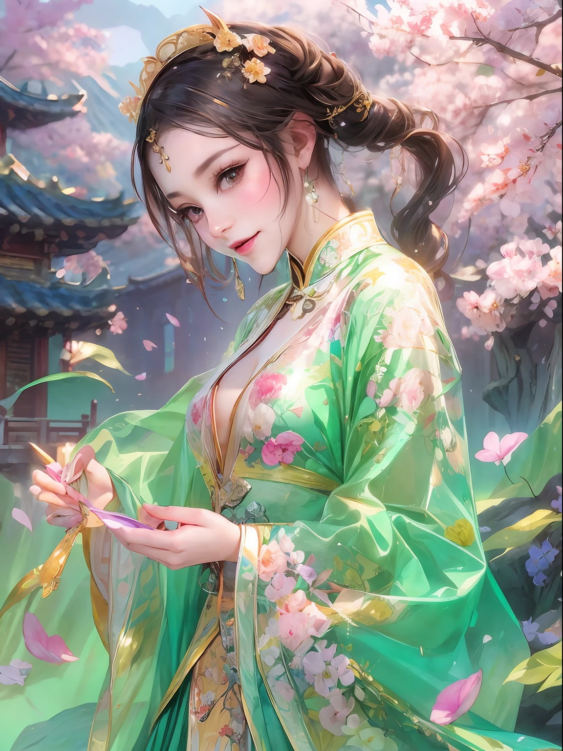 Highest image quality，tmasterpiece，Beautiful CG，crystal，Pink apricot blossoms anthropomorphize，Delicate and beautiful face，beautidful eyes，aquarelle、Splash ink、chinese paintings、brown crystal eyes、Long hair in period costume、long  skirt、Period costumes、Delicate apricot hair accessories，Broken glass、Crystal mine、Golden apricot flower、Golden petals、high light，The petals wither and fall off，Rich in graphics、Absolutely beautiful，Attractive cleavage，Impeccable，Dreamy retouching、ultraclear，k hd、8K（Yangchun March，Beautiful woman flying kite，Song dynasty women's clothing，Pantone color aqua green crystal，Comb well，Lively and agile，Smiling like a flower，Light and flowy，Chen Di Qili Youchun Road，playing and flying kites，Grow apricot blossoms）Mountain village water pavilion，Vista standing painting，rays of sunshine