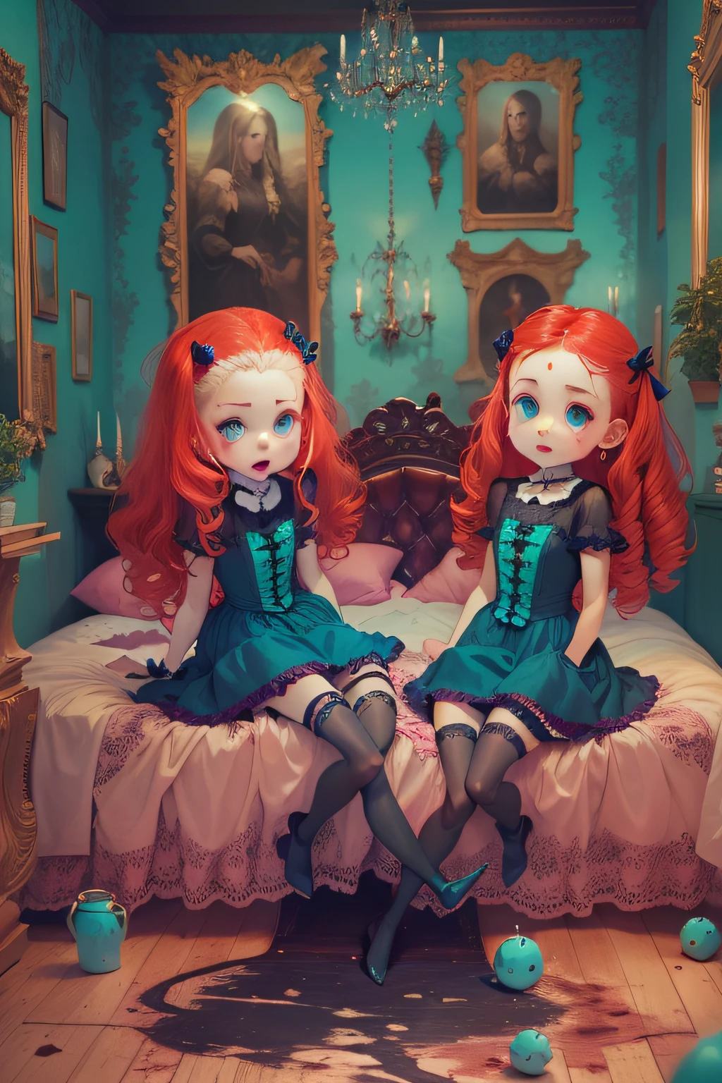 Two young redheads in gorgeous twin blue dress, in a gothic vampire pink room, com uma janela que mostra uma cidade noturna com luzes azuis e verdes, heart necklaces on top of the bed