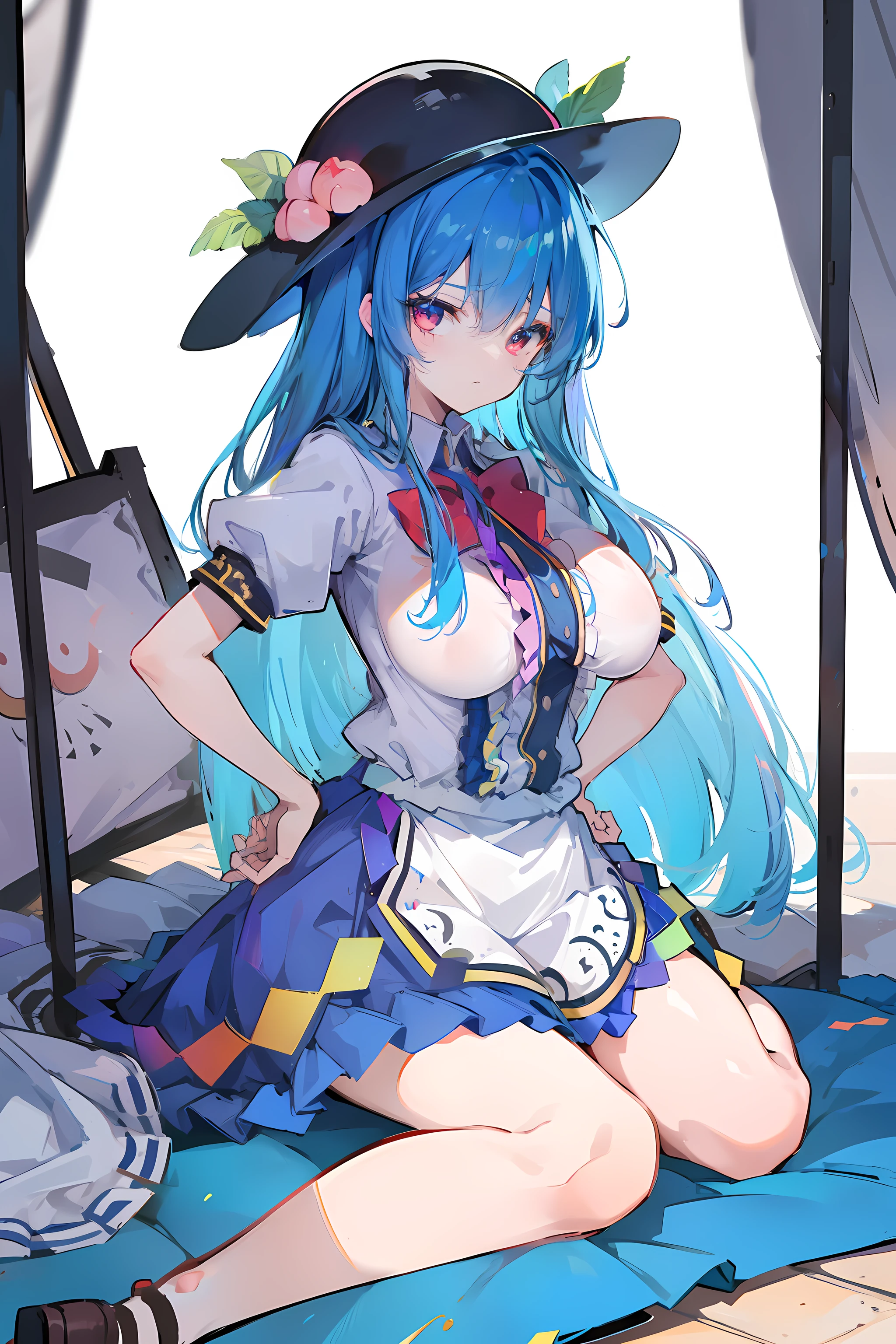 (masterpiece),best quality, expressive eyes, perfect face, 1girl,
big breast, H-cup, good breast, hands on waist,beautiful, gorgeous,anime,girl,lora,hinanawi tenshi, blue hair, blue haired,tent boobs, tent chest, tent breast, floating clothes,waist grab, grabbing waist, mains sur les hanches , hands on hips,w sitting, w sitting on ground, legs on ground