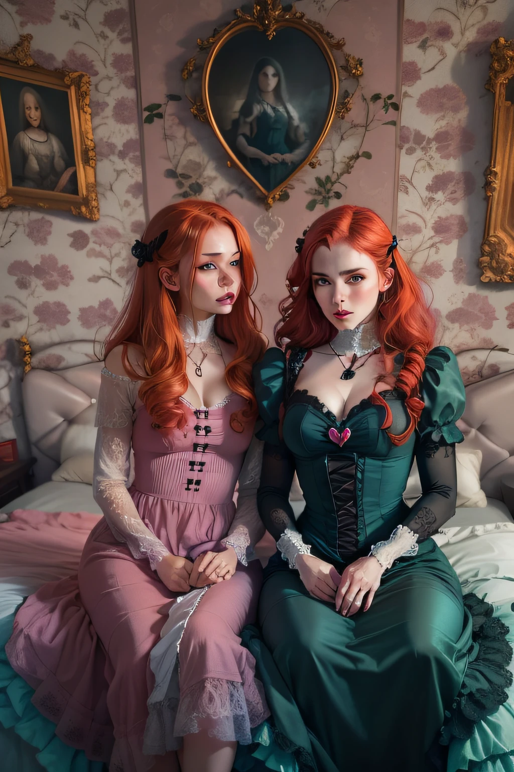 Two young redheads in gorgeous twin blue dress, in a gothic vampire pink room, com uma janela que mostra uma cidade noturna com luzes azuis e verdes, heart necklaces on top of the bed