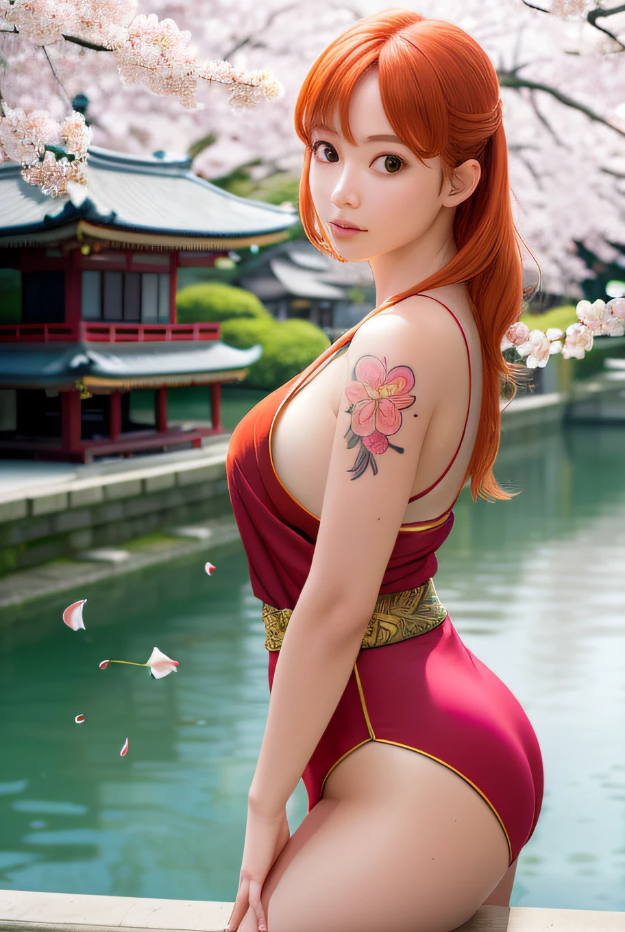 masterpiece, (photorealistic:1.5), best quality, beautiful lighting, real life, 
nami \(one piece\),
1girl, architecture, cherry blossoms, east asian architecture, falling petals, gold, japanese clothes, kimono, log pose, long hair, looking at viewer, open mouth, orange hair, petals, shoulder tattoo, solo, tattoo, teeth, upper teeth only
, intricate, high detail, sharp focus, dramatic, beautiful girl , (RAW photo, 8k uhd, film grain), caustics, subsurface scattering, reflections