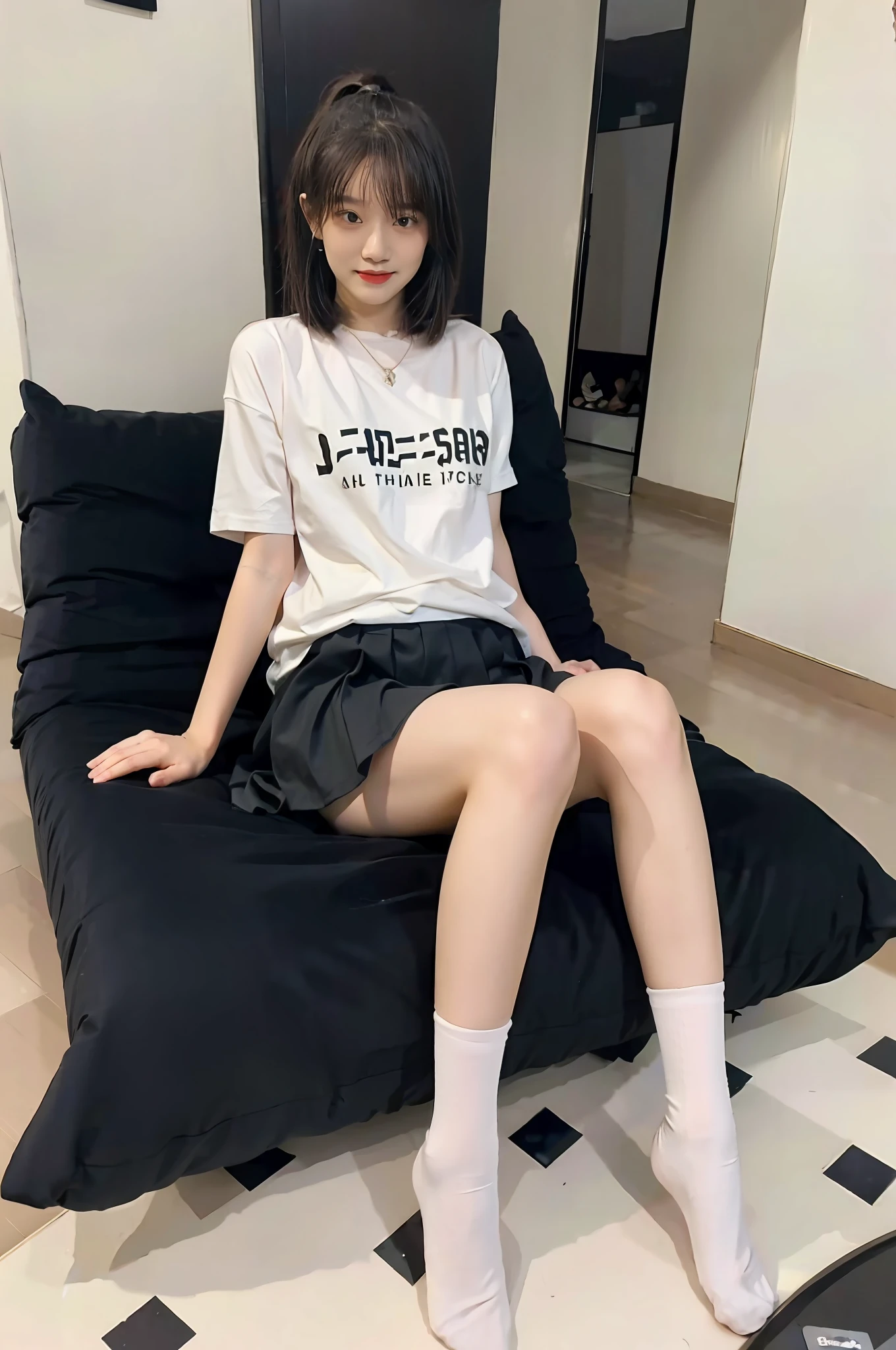 looks into camera,Pupil correction,Best quality at best,tmasterpiece,超高分辨率,(realisticlying:1.4),s girl,Juvenile,Wear socks,High ponytail