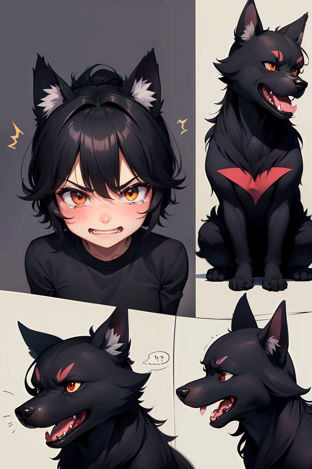 multiple poss and expressions,happy,angry,sad,cry,cute,black dog,