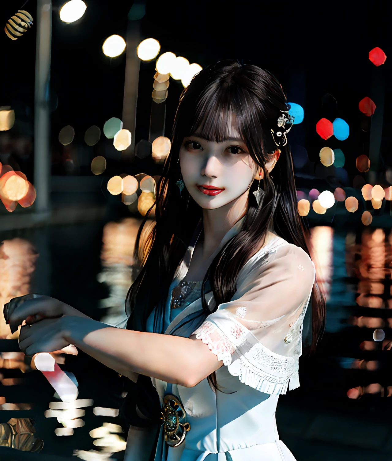 (realisticity: 1.2), best quality, masterpiece, highres, cg,
1girl, weapon, sword, long hair, dress, water, solo, jewelry, white dress, earrings, hair ornament, splashing, upper body super realistis, hair bun, black hair, city bacgraun realistis,
lighting,candid, Photograph, high resolution, 4k, 8k, Bokeh,