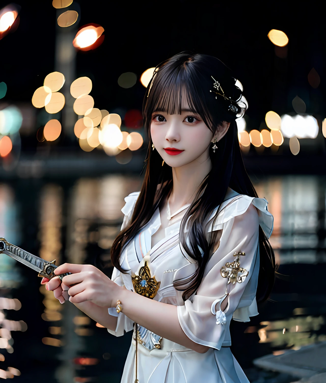 (realisticity: 1.2), best quality, masterpiece, highres, cg,
1girl, weapon, sword, long hair, dress, water, solo, jewelry, white dress, earrings, hair ornament, splashing, upper body super realistis, hair bun, black hair, city bacgraun realistis,
lighting,candid, Photograph, high resolution, 4k, 8k, Bokeh,