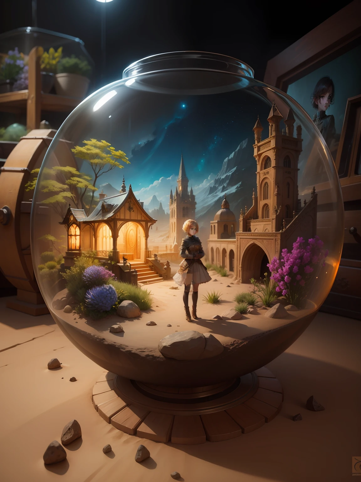 sand terrarium art mixed with ultra hd detailed painting, ,digital art, beautiful, fantasy, digital art, wlop,Steampunk style ,epic,masterpiece,,,,32k ,,, complete, symmetry, painted, intricate, volumetric lighting, beautiful, rich deep colors masterpiece, sharp focus, ultra detailed, astrophotography, photo of young girl, modelshoot style, dirty blonde hair, short hair, (looking at viewer:1.2), (detailed pupils:1.3), (natural light), (seductive), [: (film grain, 25mm, f/1,2, DoF, bokeh, beautiful face, ultra detailed skin, perfect sparkling eyes, skin pores, vellus hair, muscle tone and definition, fabric stitching, fabric texture, wood grain, stone texture, well defined pupils, prominent limbal ring, high contrast eyes, finely detailed features:0.7):0.7]