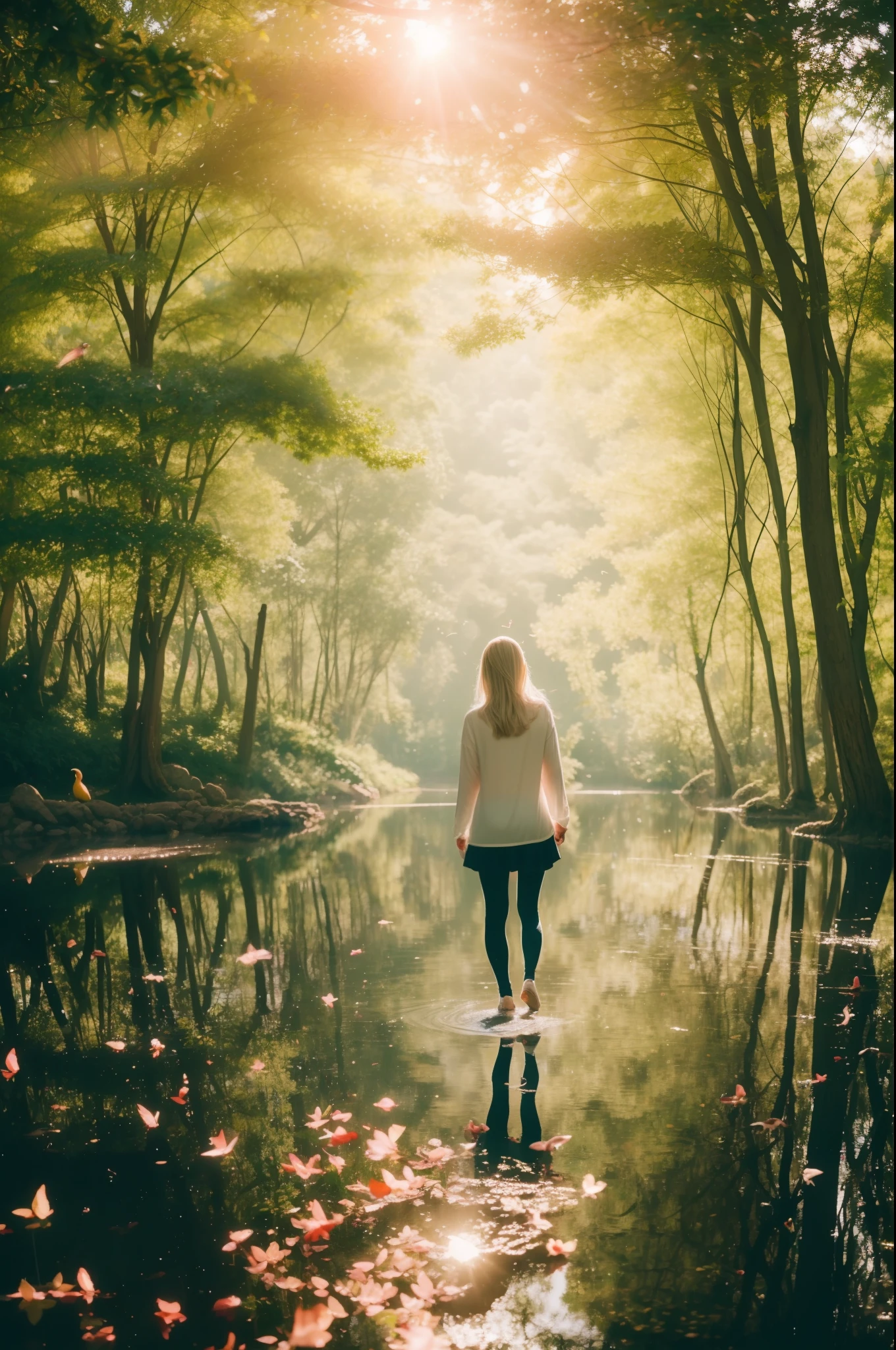 Ass, beautiful woman, blond hair, looking for viewer, smiling, lake in forest, sony a7, film gain, sun shine, cinematic lighting, photorealistic, one-point perspective, 32k, diffused reflections, bloom, colorful shiny particles, flying colorful birds, colorful fog, colorful fluid