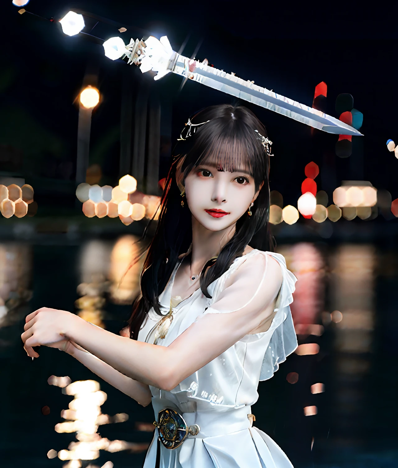 (realisticity: 1.2), best quality, masterpiece, highres, cg,
1girl, weapon, sword, long hair, dress, water, solo, jewelry, white dress, earrings, hair ornament, splashing, upper body super realistis, hair bun, black hair, city bacgraun realistis,
lighting,candid, Photograph, high resolution, 4k, 8k, Bokeh,