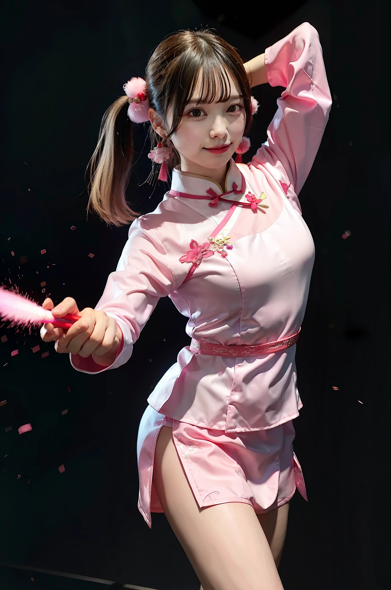 Pink cheongsam,Combat posture,holding knives,Explosive effect,whaite hair,Long-legged beauty ninja