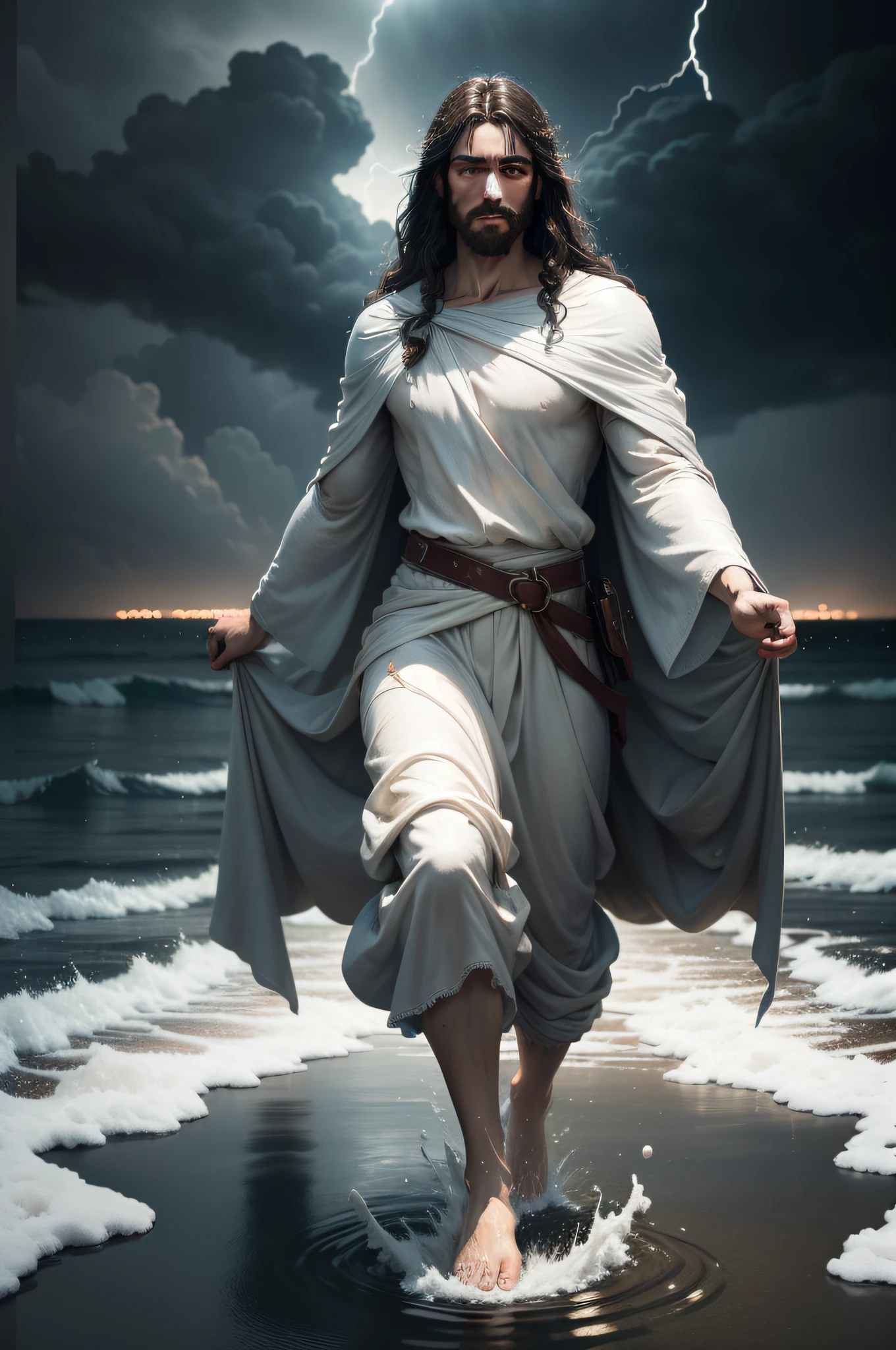 jesus walking on water in a storm, masterpiece, best quality, high quality, extremely detailed CG unit 8k wallpaper, award winning photography, Bokeh, Depth of Field, HDR, bloom, Chromatic aberration, photorealistic, extremely detailed, trending on artstation, trending on CGsociety, intricate, high detail, dramatic, mid-journey art, volumetric lighting