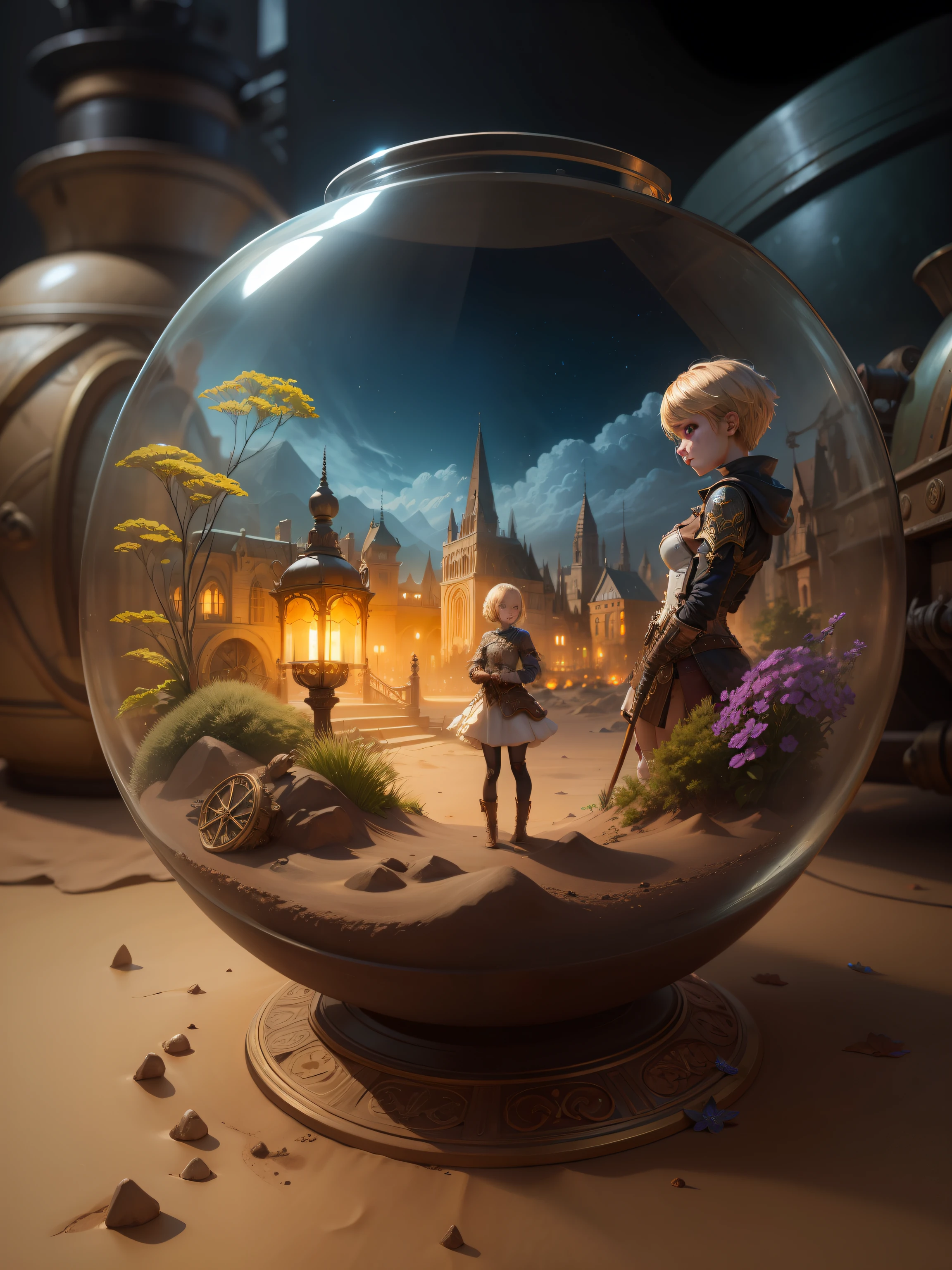 sand terrarium art mixed with ultra hd detailed painting, ,digital art, beautiful, fantasy, digital art, wlop,Steampunk style ,epic,masterpiece,,,,32k ,,, complete, symmetry, painted, intricate, volumetric lighting, beautiful, rich deep colors masterpiece, sharp focus, ultra detailed, astrophotography, photo of young girl, modelshoot style, dirty blonde hair, short hair, (looking at viewer:1.2), (detailed pupils:1.3), (natural light), (seductive), [: (film grain, 25mm, f/1,2, DoF, bokeh, beautiful face, ultra detailed skin, perfect sparkling eyes, skin pores, vellus hair, muscle tone and definition, fabric stitching, fabric texture, wood grain, stone texture, well defined pupils, prominent limbal ring, high contrast eyes, finely detailed features:0.7):0.7]