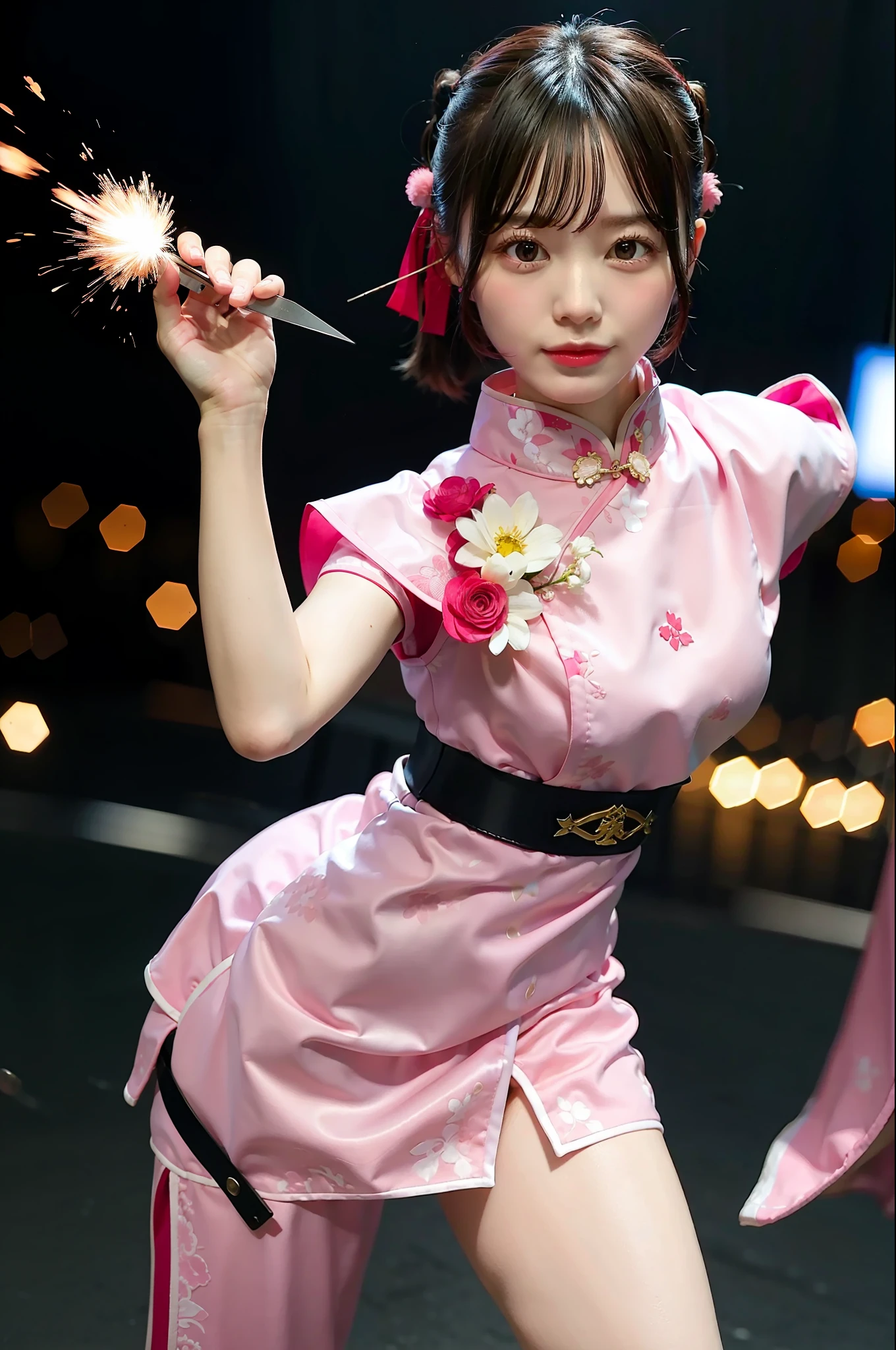 Pink cheongsam,Combat posture,holding knives,Explosive effect,whaite hair,Long-legged beauty ninja