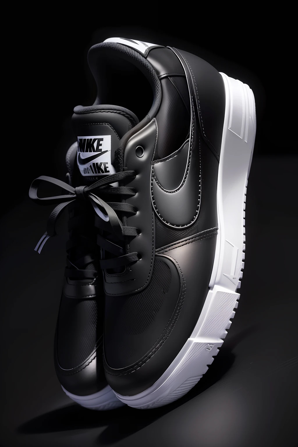 Nike sneakers, na cor branca, with symbol in black, The White Ribbons, exposto na luz do dia, on top of a dark surface (asfalto) -- realistic image -- Full HD