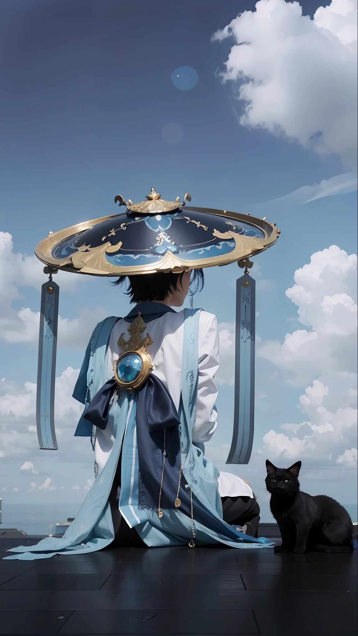 The boy sits on the roof,Big light blue hat,Light blue and dark blue clothes,Blue-purple hair,There is a cute black cat, Black cute kitten,Round kitten,A high resolution, 4K, Award-winning, cosplay,Movie lighting, Masterpiece, super detailing, High quality, highly details, Movie lighting, Film graininess, true to life, Face Shadow,style of photography,monochrome,escala cinza,a sketch,Realistic,Photorealistic