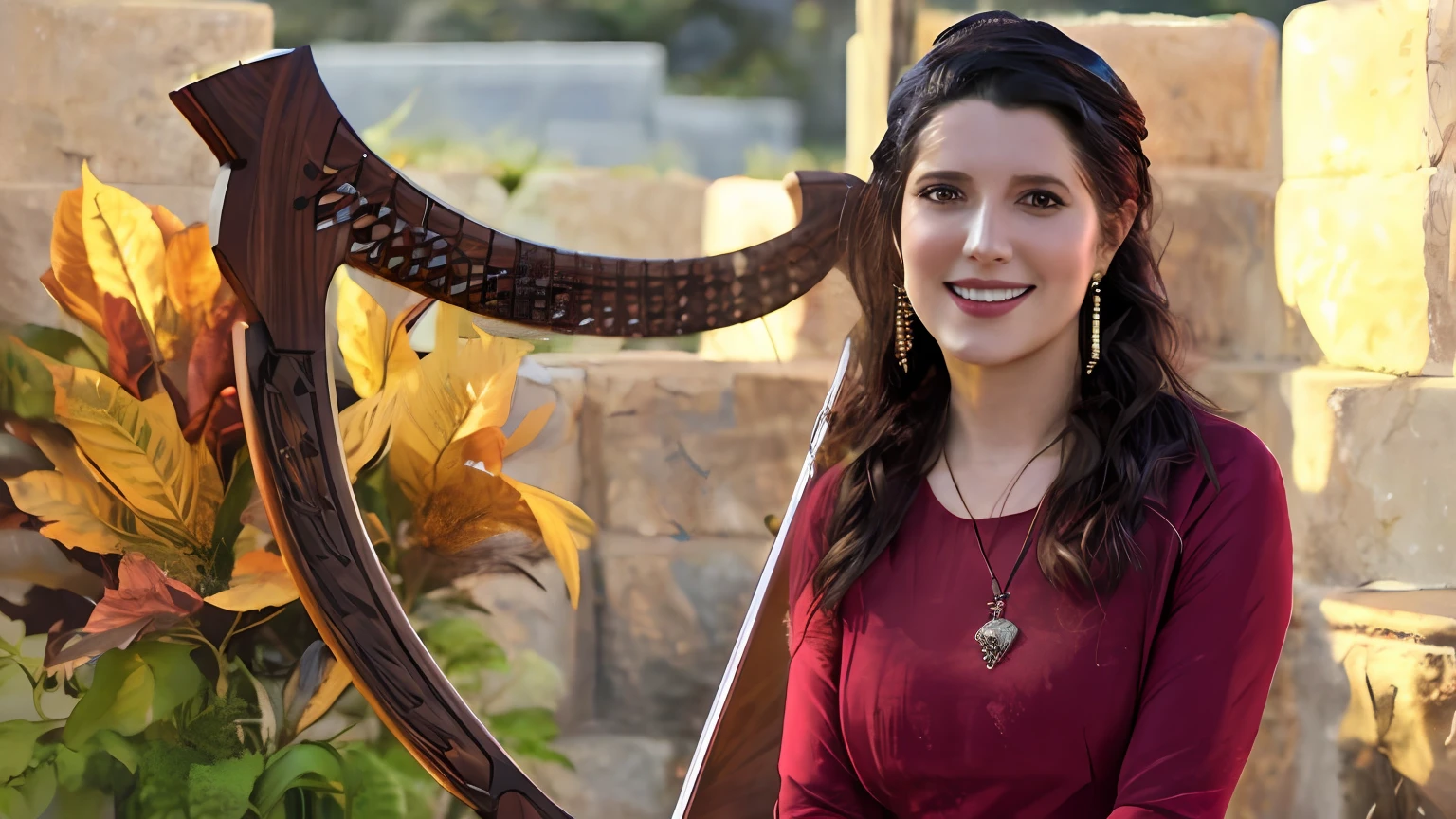 mulher arafed sentada em frente a uma grande harpa de madeira, com harpa, Harp playing in the magical forest, Foto promocional, foto promocional, Justina Blakeney, Mystical setting, Directed by: Neysa McMein, Directed by: Meredith Dillman, imagem promocional, foto promocional, Divindade Leesha Hannigan, Directed by: Kristin Nelson, Noelle Stevenson, Directed by: Winona Nelson