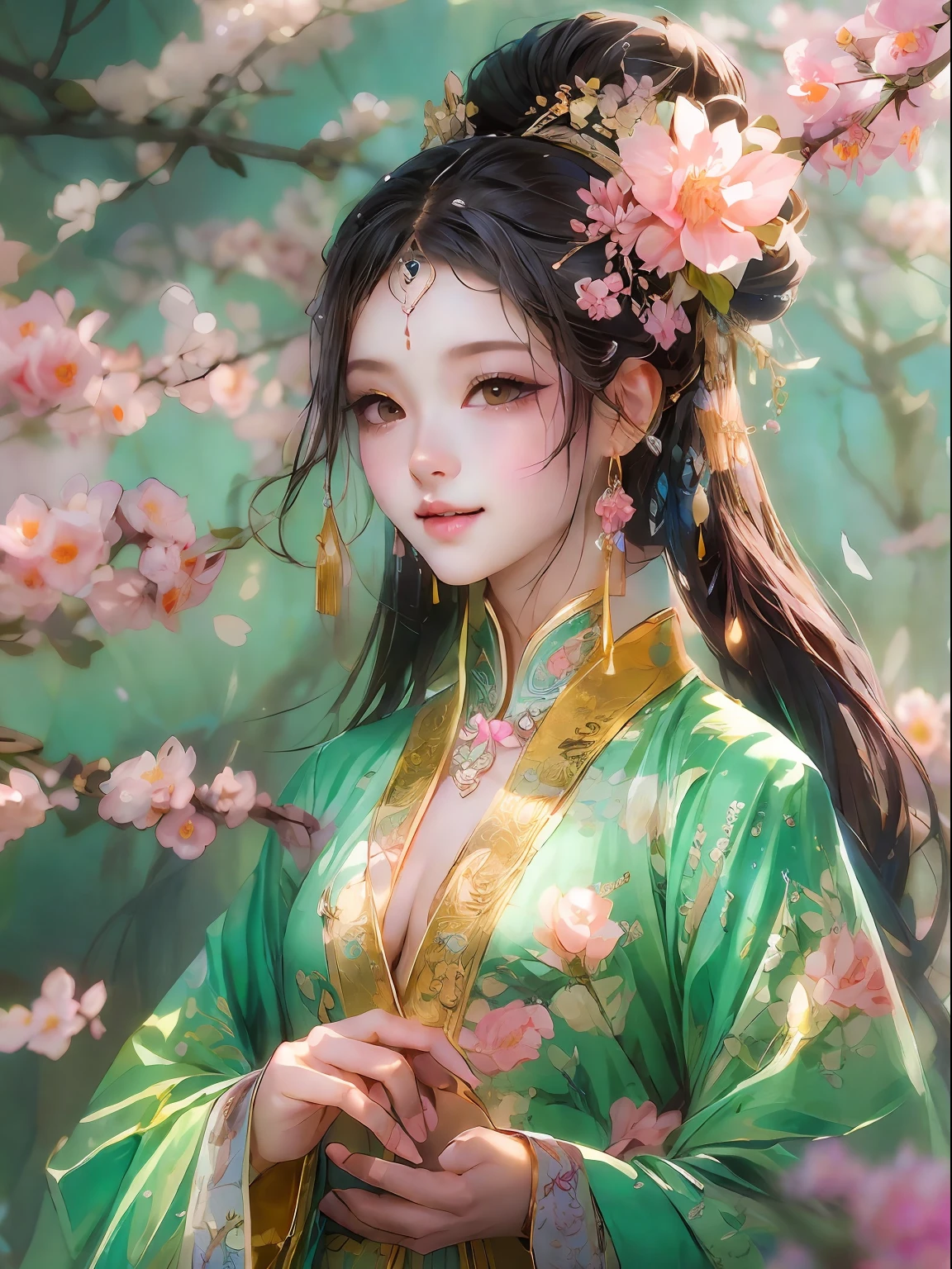 Highest image quality，tmasterpiece，Beautiful CG，crystal，Pink apricot blossoms anthropomorphic，Delicate and beautiful face，beautidful eyes，aquarelle、Splash ink、chinese paintings、Brown crystal eyes、Long hair in period costume、long  skirt、Period costumes、Intricate apricot blossom hair accessories，Broken glass、Crystal mine、Golden apricot blossoms、Golden petals、high light，Withering and falling petals，Rich in graphics、Absolutely beautiful，attractive ，Impeccable，Dreamy retouching、ultraclear，k hd、8k（Yangchun March，Beauty flying kites，Women's clothing of the Song Dynasty，Pantone color aqua green crystal，Comb a bun，Lively and agile，Smiling like a flower，Light and flowy，Chen Di Qili You Spring Road，Fly kites and plant apricot blossoms）Yamamura Mizukaku，Vista standing painting，rays of sunshine