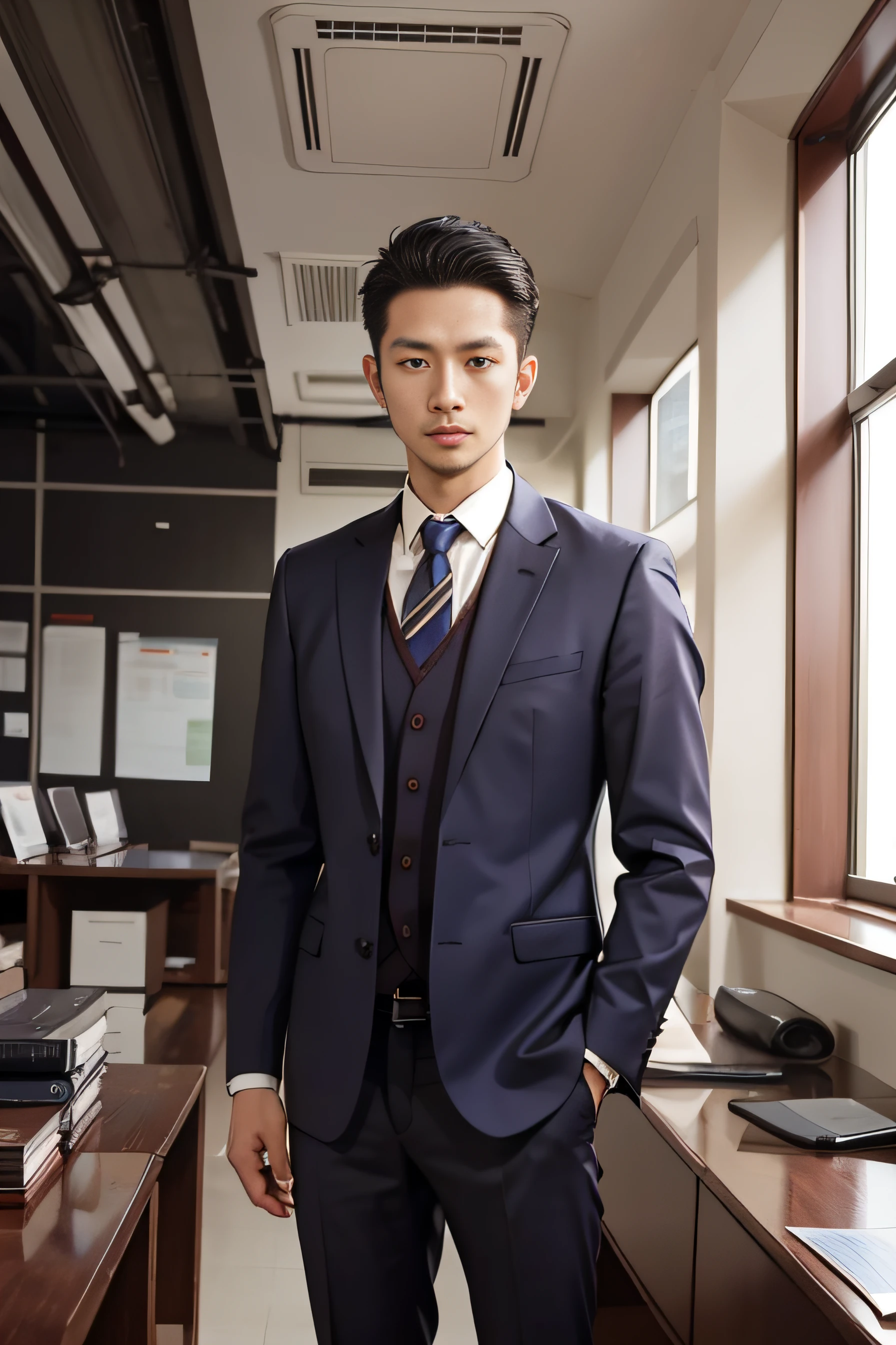 Handsome Men ,35 years old , lecturer, Malaysian  , smart office wear，(((front view))), look at front