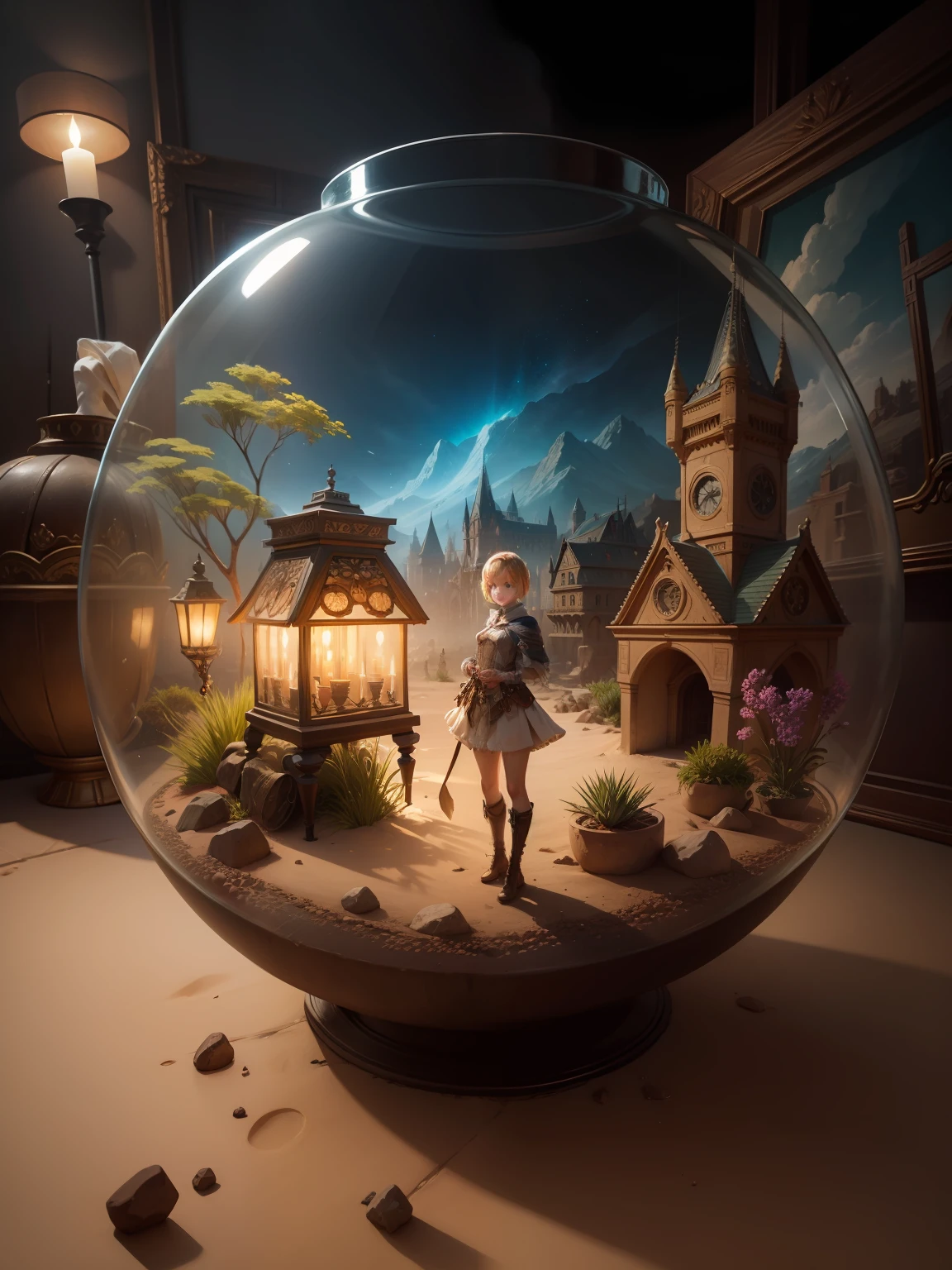 sand terrarium art mixed with ultra hd detailed painting, ,digital art, beautiful, fantasy, digital art, wlop,Steampunk style ,epic,masterpiece,,,,32k ,,, complete, symmetry, painted, intricate, volumetric lighting, beautiful, rich deep colors masterpiece, sharp focus, ultra detailed, astrophotography, photo of young girl, modelshoot style, dirty blonde hair, short hair, (looking at viewer:1.2), (detailed pupils:1.3), (natural light), (seductive), [: (film grain, 25mm, f/1,2, DoF, bokeh, beautiful face, ultra detailed skin, perfect sparkling eyes, skin pores, vellus hair, muscle tone and definition, fabric stitching, fabric texture, wood grain, stone texture, well defined pupils, prominent limbal ring, high contrast eyes, finely detailed features:0.7):0.7]