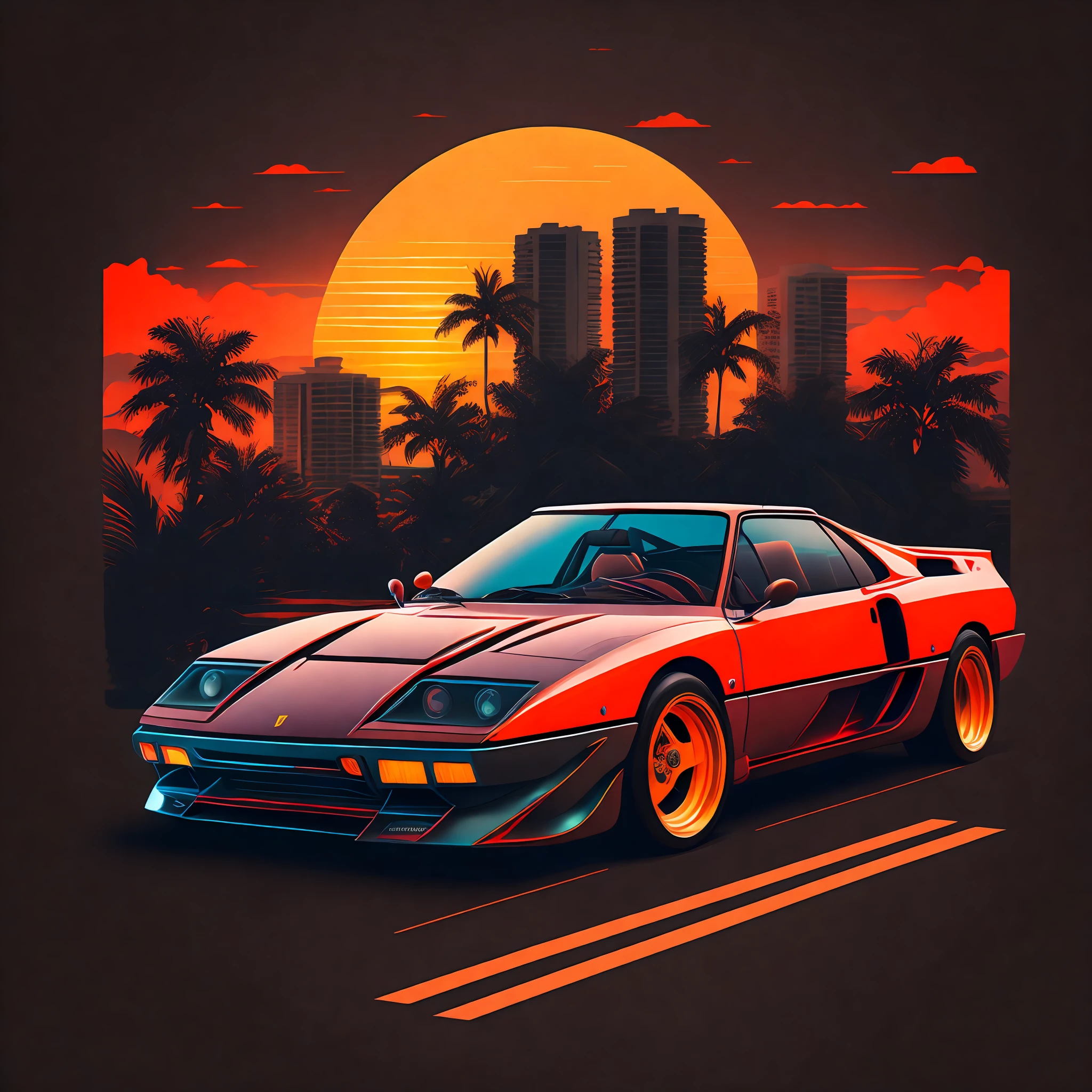 T-shirt graphic design art, a retro graphic design, Ferrari F-40, rua miami, cor suave de quatro cores, tom pastel vintage, limpeza altamente detalhada, imagem vetorial, obra-prima realista, fotografia profissional, carro realista, fundo simples do nascer do sol do carro, fundo preto plano, isometric, vetor vibrante