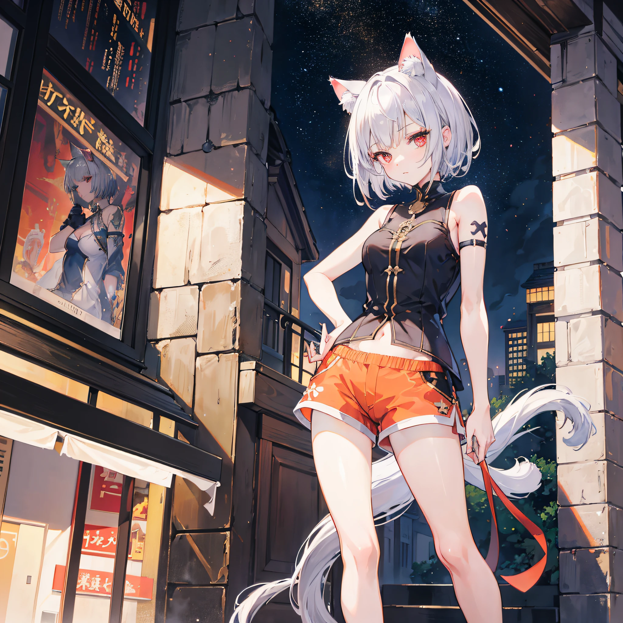 Anime Masterwork, best Quality, high_resolution, highly detailed, extremly detailed and beautiful, 1 Girl, short hair, solo, top perspective, silver hair with 1 red strand of hair, left eye iris red, right eye iris Orange/gold, Cat ears, Cat tail, in public, wearing Shorts, Arms behind back, leaning forward.