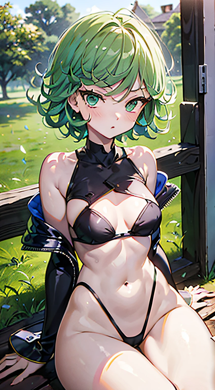 Ultra High Definition 2D Art、tatsumaki、short green hair,Hip Probe,Green ultra-thin rubber suit、Lawn Park,Open the chest,Cute Style,Fleshy thighs、Sit with your knees bent、Show off your panties