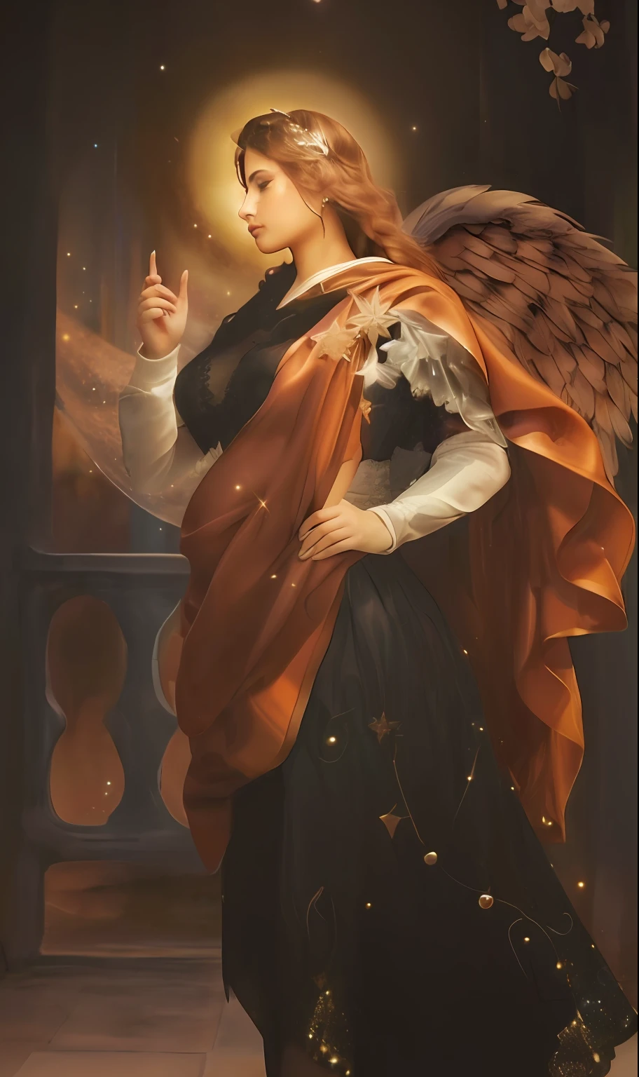 (((ANGEL GUARDIAN))) Obra maestra, (La mejor calidad: 1.2), (super fine: 1.2), illustration, (extremadamente delicado y hermoso: 1.2), movie angle, flotante, (Hermoso ojo de detalle: 1.1), (detalle luz: 1.1), Movie Lights, Cielo delicado, ojos azules, (Cola de caballo alta: 1.1), capa, ojuelos, (luna: 1. 2), (Luz de la luna: 1.1), cielo estrellado, (light particles: 1.1) dibujo, flor. (Obra maestra), (La mejor calidad), (fotorrealista:1.3), 8k, Textura detallada de la piel, Textura detallada de la tela, Hermosa cara detallada, Detalles intrincados, Ultra detallado (cuerpo de cuerpo entero:1.2)