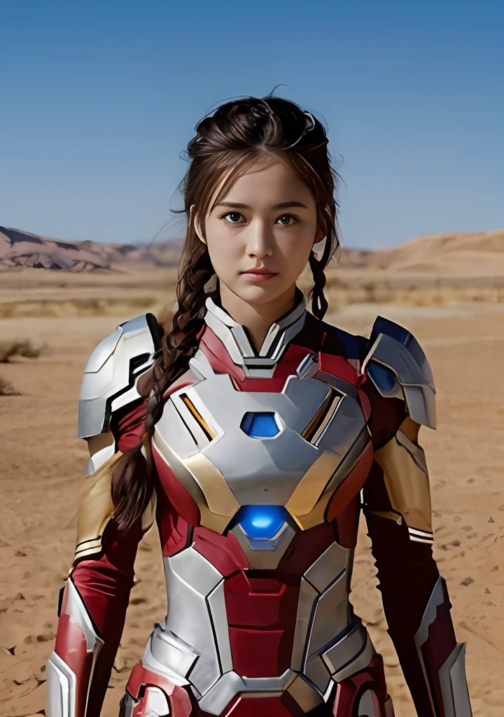 top-quality、masterpiece、Above Knee Shot、nffsw、Beautiful 18 year old girl in Iron Man suit、Glowing parts of the chest、Elsa's braided hair、hyperdetailed face、Beautiful eyes、large full breasts、Sexy Iron Man Cosplay、Dynamic desert landscape、电影灯光、highcontrast、