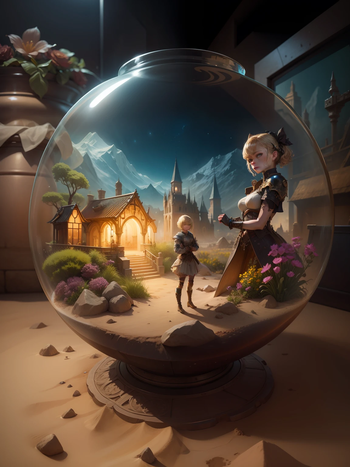 sand terrarium art mixed with ultra hd detailed painting, ,digital art, beautiful, fantasy, digital art, wlop,Steampunk style ,epic,masterpiece,,,,32k ,,, complete, symmetry, painted, intricate, volumetric lighting, beautiful, rich deep colors masterpiece, sharp focus, ultra detailed, astrophotography, photo of young girl, modelshoot style, dirty blonde hair, short hair, (looking at viewer:1.2), (detailed pupils:1.3), (natural light), (seductive), [: (film grain, 25mm, f/1,2, DoF, bokeh, beautiful face, ultra detailed skin, perfect sparkling eyes, skin pores, vellus hair, muscle tone and definition, fabric stitching, fabric texture, wood grain, stone texture, well defined pupils, prominent limbal ring, high contrast eyes, finely detailed features:0.7):0.7]