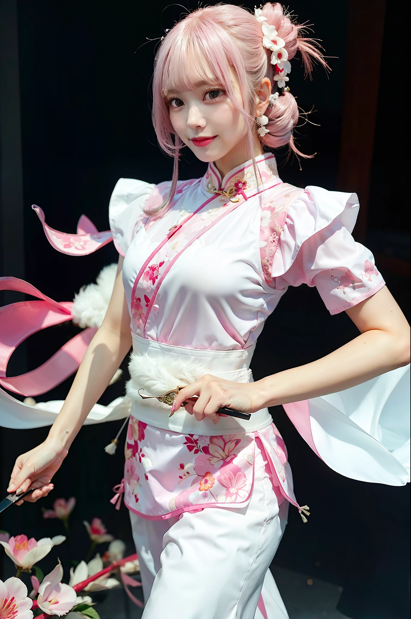 Pink cheongsam，Combat posture，holding knives，Wavy white hair，Long-legged beauty ninja