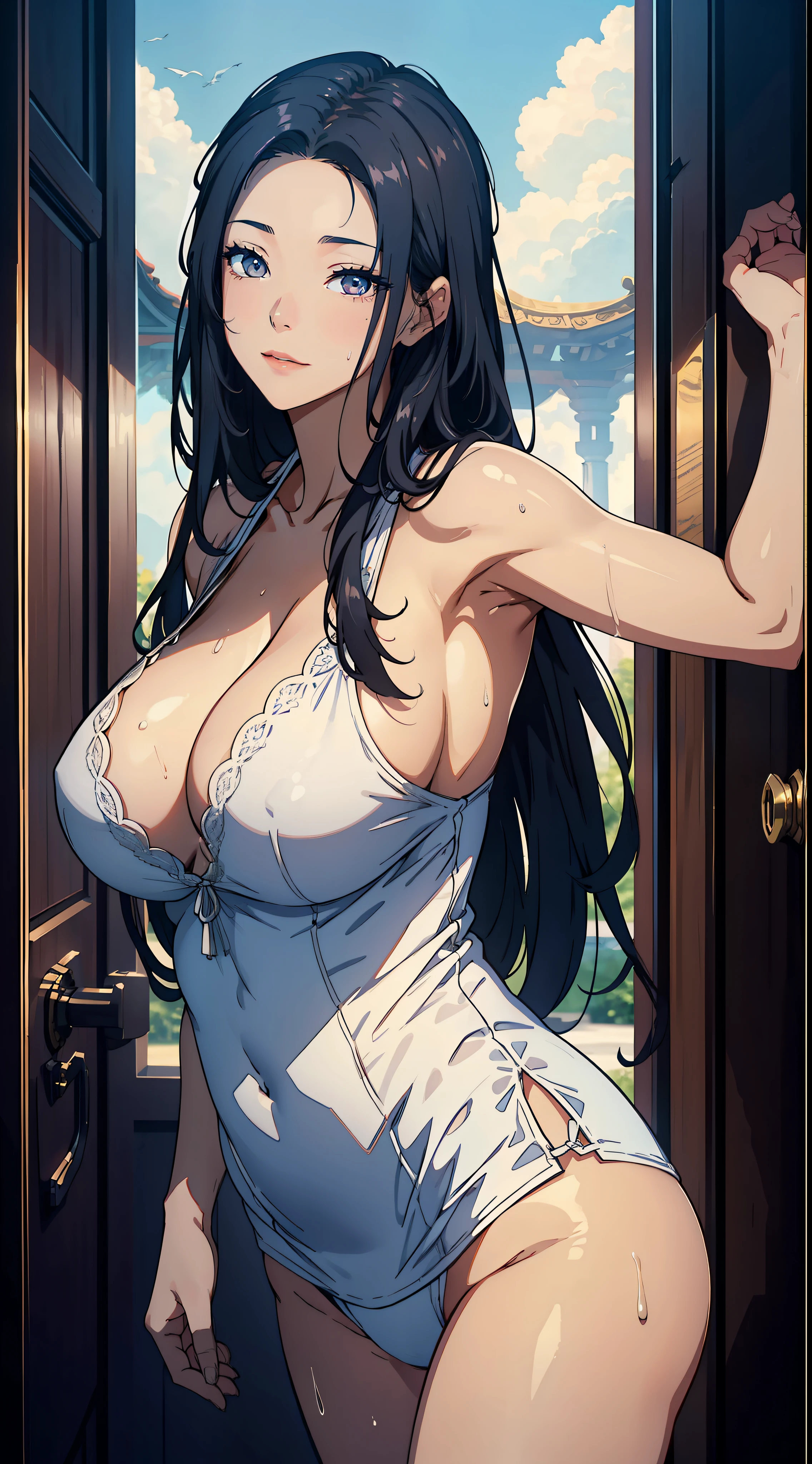 1female,35yo,Huge breasts, 独奏, king arthur,Dressed in white court-style clothes, ,palaces, She has long flowing black hair, ,Sateen,Bigchest, From the front side, Wet straight hair, Sweating profusely,mostly cloudy sky,(tmasterpiece),(Very detailed CG unity 8K wallpaper),best qualtiy,cinmatic lighting,detailed back ground,beatiful detailed eyes,Bright pupils,(Very fine and beautiful),(Beautiful and detailed eye description),ultra - detailed,facing at camera,A high resolution,ultra - detailed),Very long hair,standing on your feet,Emotive expressions,Smile,Chest sagging,Camel toes,with no underpants,extremely large bosom,Extremely colorful,Most detailed,fully body photo,The face is well lit
