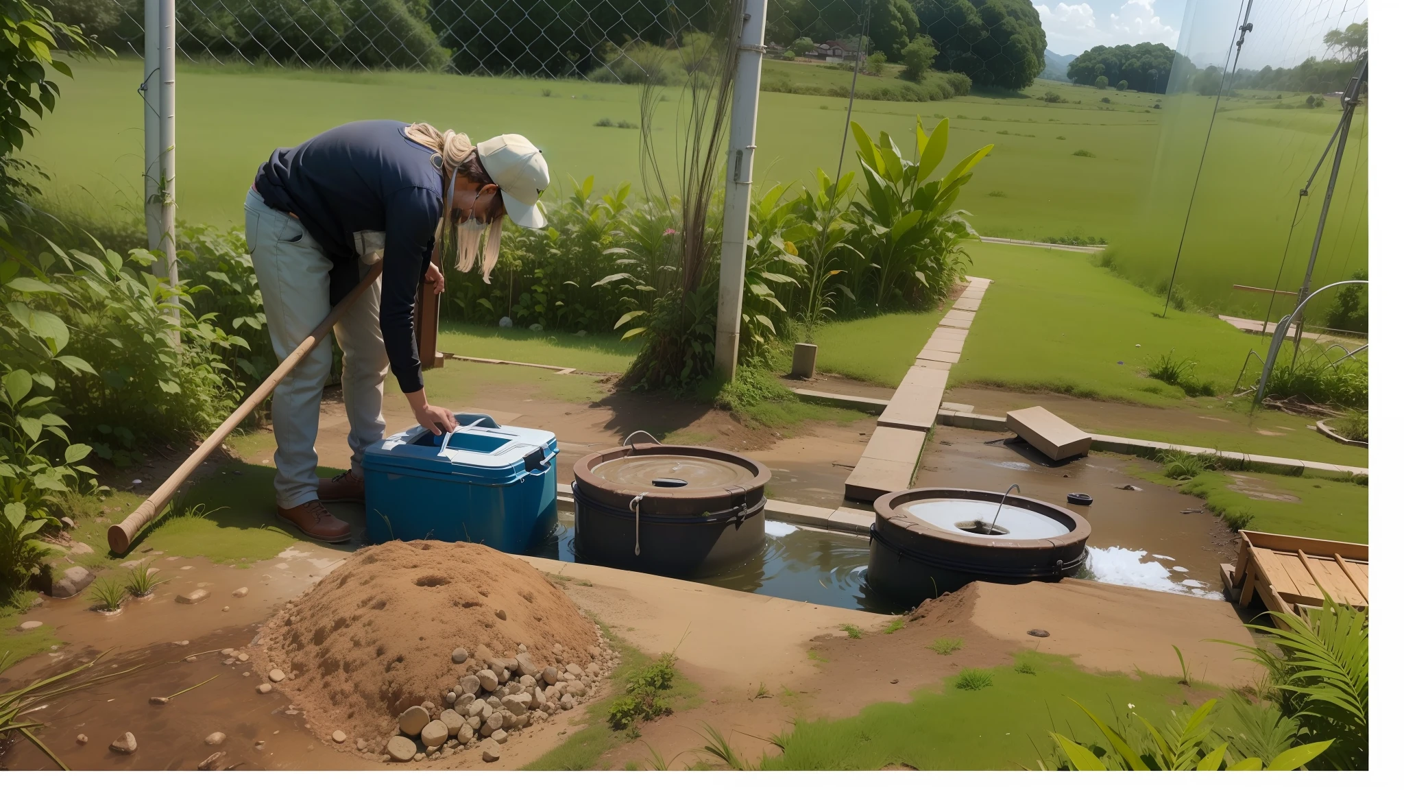 preciso que transforme essa imagem em uma imagem 300x250 pixels. ultra realista e como se fosse uma foto de capa de um infoproduto, algo cheio de talhes precisos e que retrate bem a foto( making a biodigester septic tank) gostaria de manter as caracteriscas da foto e deixar o verde prevalscer