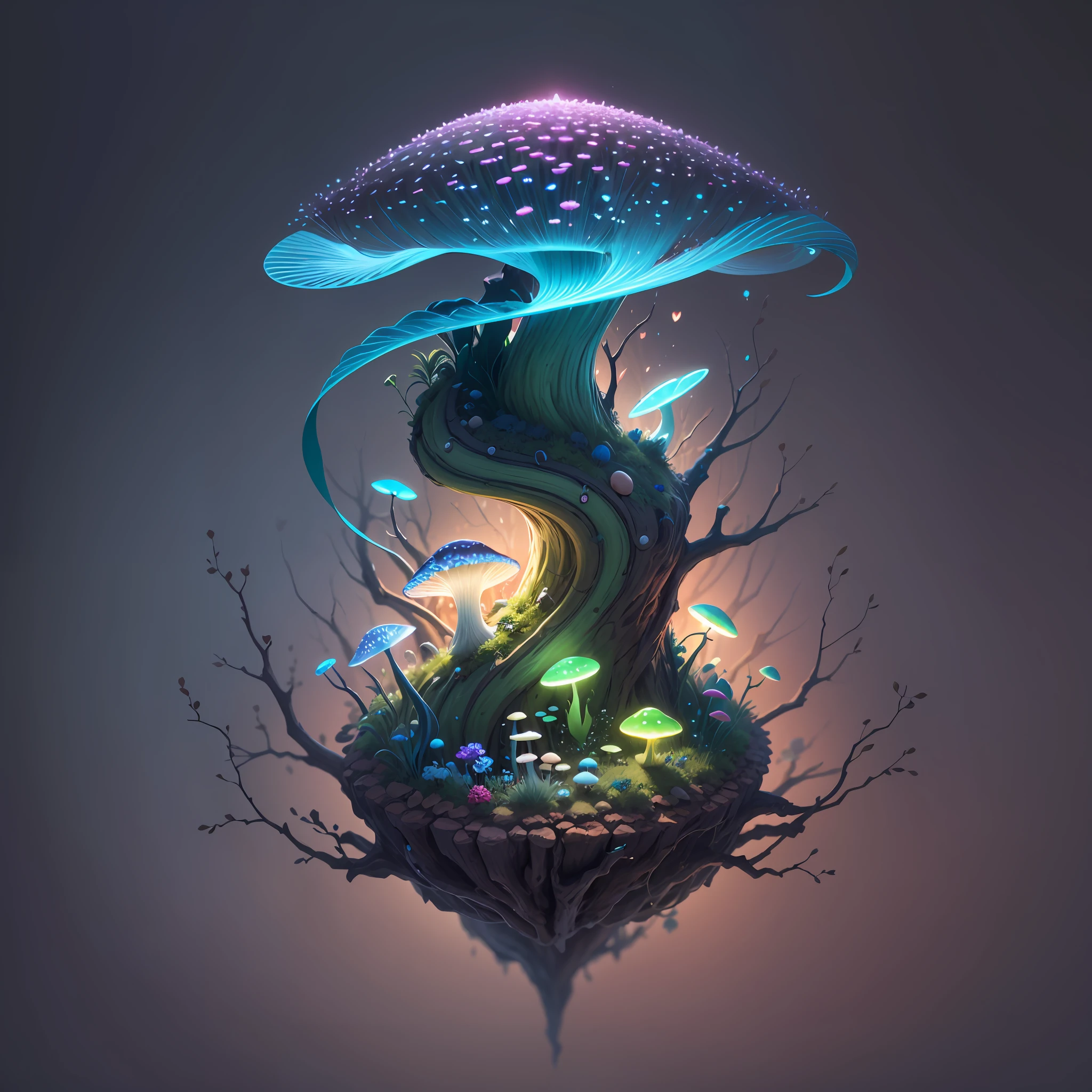 Generate images of creatures with humanoid body structures, But mainly composed of fungal elements. Its head resembles a big head, Dome-shaped crystal spring flower mushroom cap, fanciful, Colorful, Decorated with a luminous speckled pattern. Its arms are long, Flexible tendrils sprout from the shoulders, Able to be as vertical as a human hand. And not legs, It has a single, Thick, The stem is rooted in the ground. Its face is a small cluster, Bioluminescent spheres embedded in the bottom of the lid, Arranged in a way reminiscent of human facial features. photo-realism, ultra - detailed, 4K, A high resolution