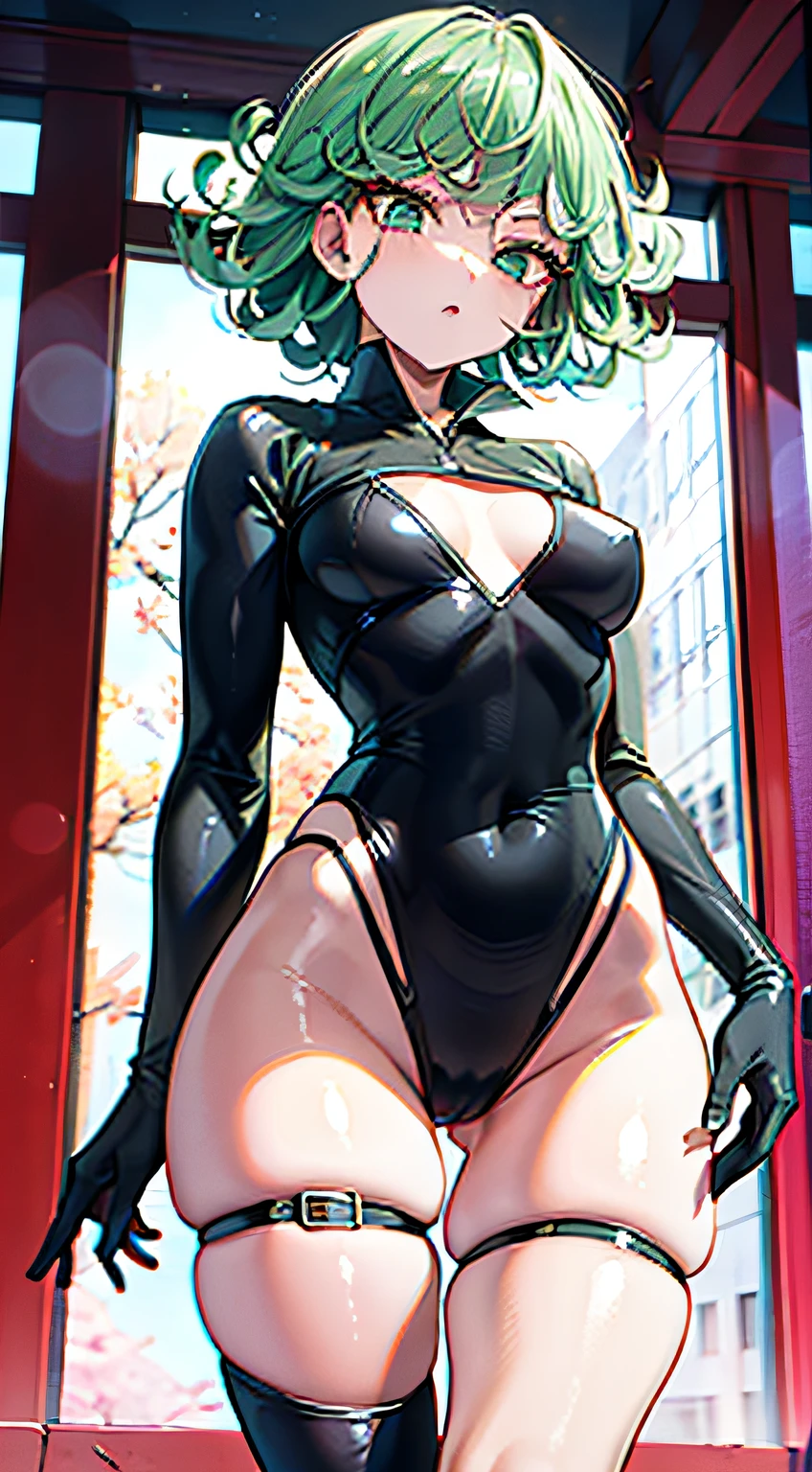 Ultra High Definition 2D Art、tatsumaki、short green hair，((Floating in the air))、Hip Probe，Green ultra-thin rubber suit，Open the chest，Cute Loli Style，Fleshy thighs、Show off your panties