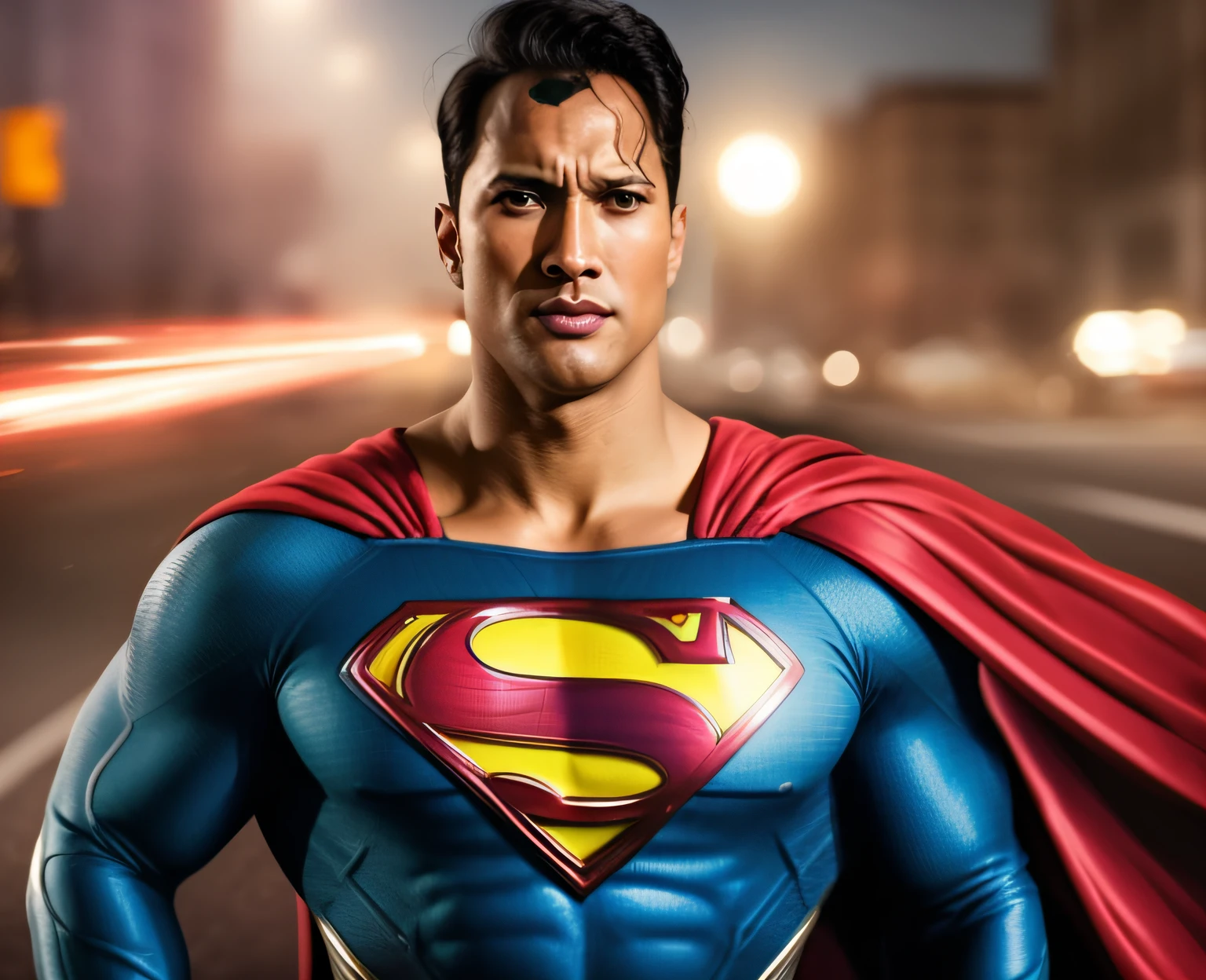 A closeup of a man in a Superman costume standing on a street, Superhero portrait, pose do super-homem, super foto realista, Super-homem, super hero art, arte de pintura digital dos desenhos animados, super foto-realista, pintura digital dos desenhos animados, inspirado em Rudy Siswanto, super fotorrealista, Estilo de Arte DC Comics, inspirado por Jason Chan, Dwayne Johnson como Superman, bonito impressionante realista